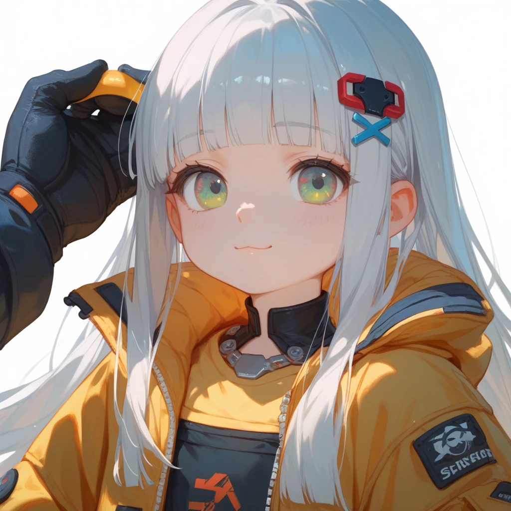 "A young boy with bright grey hair , hime cut , bright skin, and the soft expression , wearing future clothing , yellow clothes.  The boy .  The white background , gives full focus to the character of the boy , cute chibi , hair clip ,"