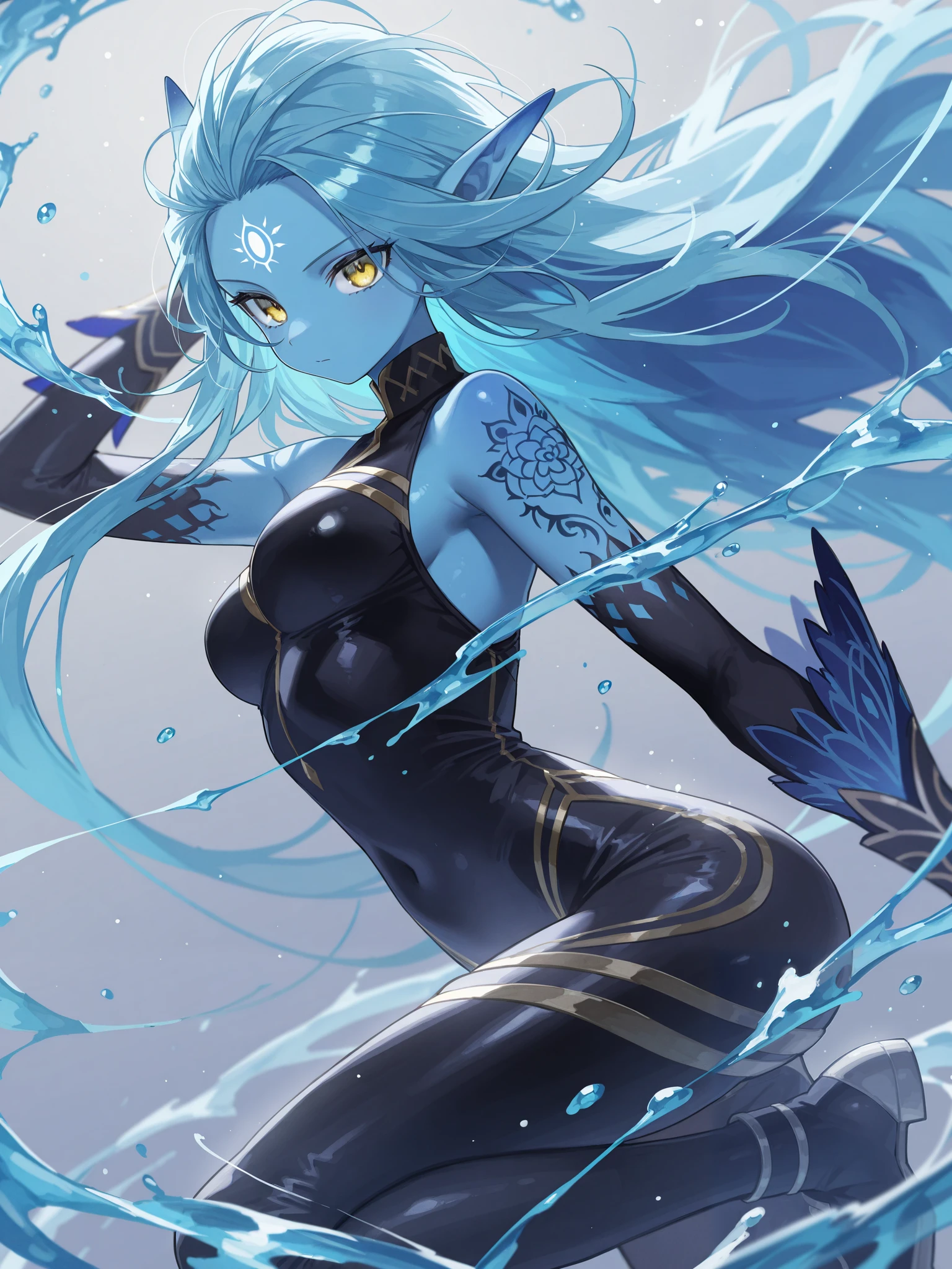 ultra-detailed illustration of Undine, beautiful woman, solo, blue long hair, blue skin, golden eyes, finned ears, glossy black bodysuit, intricate tattoos, dynamic pose, hydrokinesis, beautiful parabolic water effects, transparency, liquid, (watercolor), masterpiece, best quality, very aesthetic art, amazing quality, absurdres, perfect anatomy, light particles, (depth of field), simple background