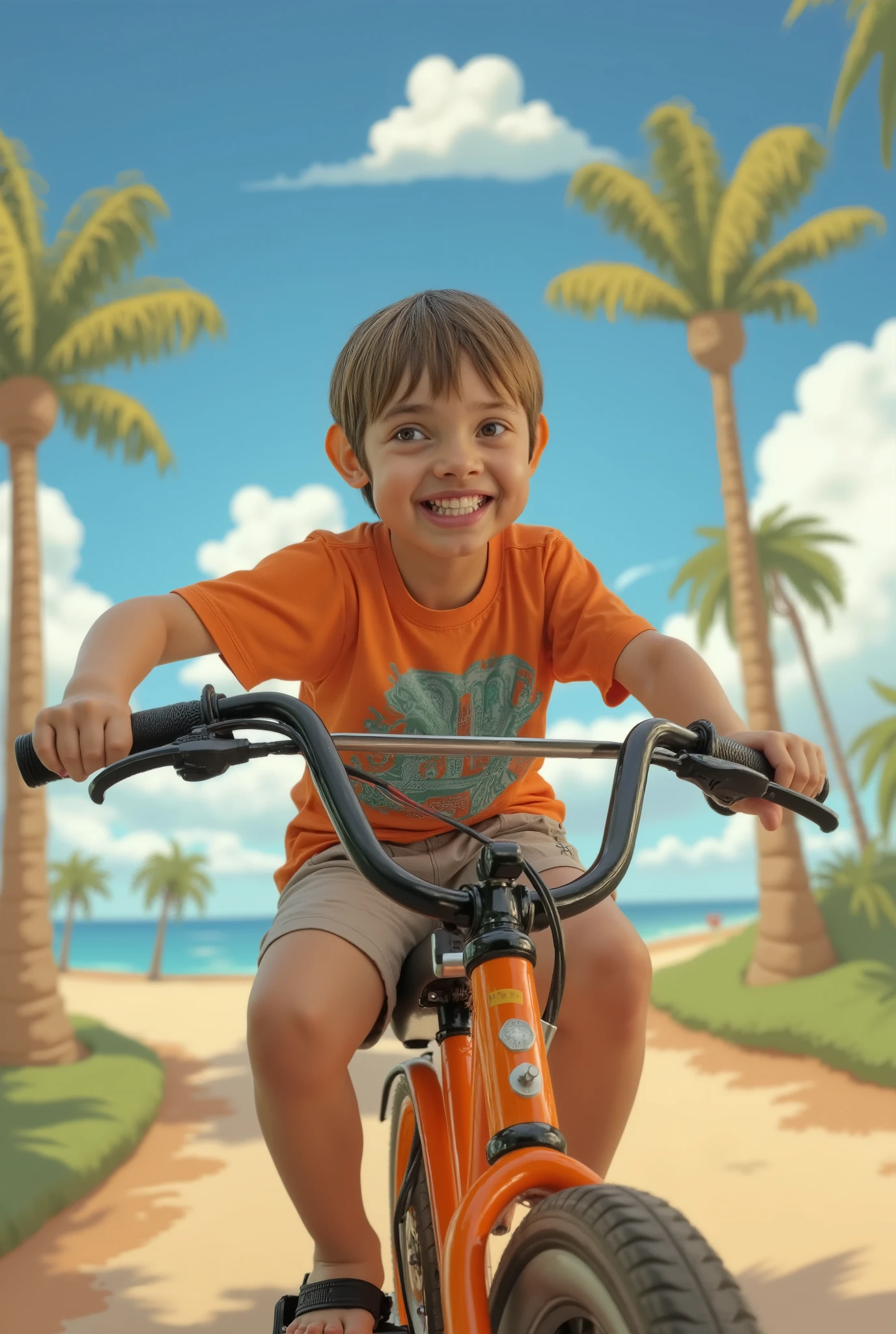 A (((funny illustration))) of a boy playing with a orange bike. Dream filter, vivid color.