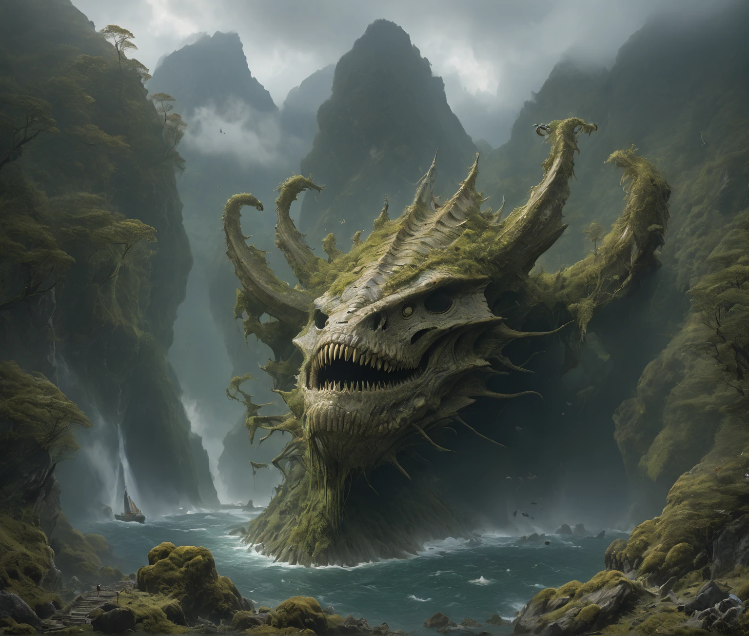  ( A huge cedar on a green mountain top  ), (( aerial view of a whirlpool in the water  )), ( the bones of several huge creatures several huge creatures one after another higher and higher, and in front of them, a ship :1.4), (right behind the mountains ,  the huge skeleton of a sea serpent of a huge Leviathan towers above the mountains against the background of :1.5) , ( Leviathan is a sea serpent with fins on its head in the water :1.3), ( in the center high ledges on both sides of the sea  ,  mountain rift from below which you can see a huge toothy mouth covered with moss and trees , the bones of the ribs of a huge ancient creature :1.6) , ( behind them, in the center of the bone of a huge snake-like creature covered with trees and moss, flowing into the clouds above the mountains and from its huge petrified moss-covered mouth, waterfalls flow:1.5),   view from above and from afar  , ( on the left, a sailboat or a beautiful galleon swims through the crevice between the black rocks :1.4),   in the distance high black mountains with snowy peaks   ,  goes into the clouds    ,   scaly moss grows on top    , lots of air      , cliff, the waves of the sea are raging    , Night, storm,   the wind tears the sails ,        the sky before the thunderstorm      ,       light through the clouds       .       reflections in water      .       The Abyss of the Dark Sea     , (  of the highest quality  ,   masterpiece fails ), , 4K, concept art, fantasy, blue tones,      very detailed oil painting     .      aerial view from afar    , cool blue tones .


