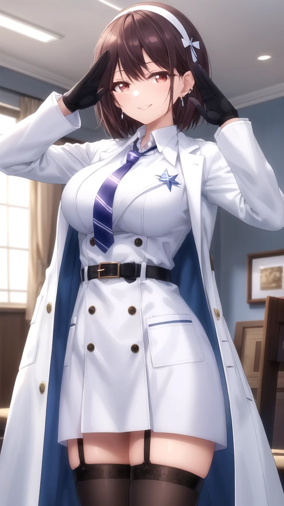 masterpiece, best quality, high quality, girl, solo, looking at viewer, yuuta_kadowaki, large breasts, hairband, earrings, blue necktie, collared shirt, white dress, white coat, armband, long sleeves, black gloves, black belt, garter straps, black thighhighs, salute, smile, indoors, standing