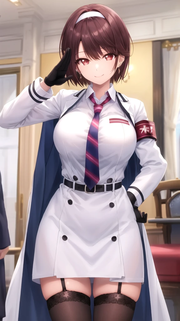 masterpiece, best quality, high quality, girl, solo, looking at viewer, yuuta_kadowaki, large breasts, hairband, earrings, blue necktie, collared shirt, white dress, white coat, armband, long sleeves, black gloves, black belt, garter straps, black thighhighs, salute, smile, indoors, standing