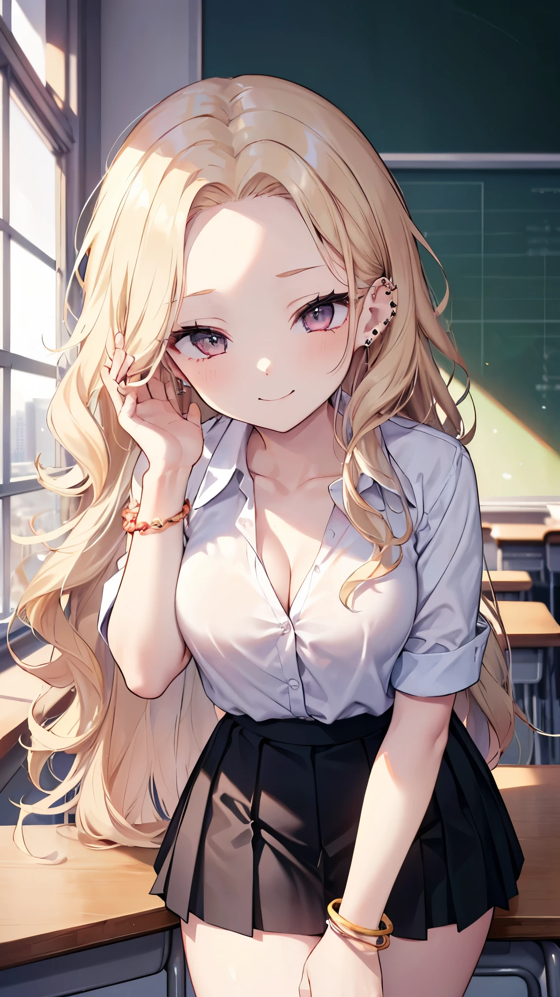 ((masterpiece、 top quality、 very detailed))、 one girl、Blonde、 long hair、((wavy hair))、((forehead))、 gray eyes、evil smile、((lots of piercing))、((Moderate breasts))、(( white collared shirt))、((clavicle))、 bracelet、(( Black Pleated Skirt))、((Micro Miniskirt))、 cowboy shot、 Classroom Background