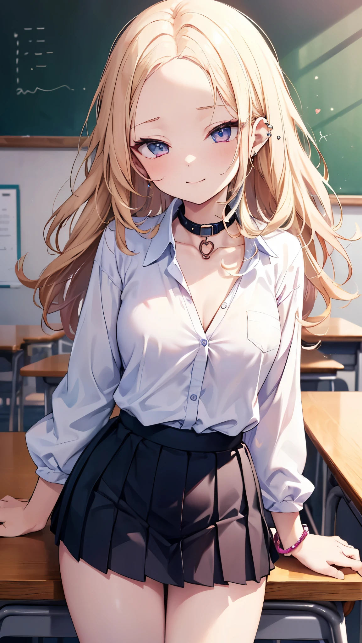 ((masterpiece、 top quality、 very detailed))、 one girl、Blonde、 long hair、((wavy hair))、((forehead))、 gray eyes、evil smile、((lots of piercing))、((Moderate breasts))、(( white collared shirt))、((clavicle))、((Bra))、 bracelet、(( Black Pleated Skirt))、((Micro Miniskirt))、 cowboy shot、 Classroom Background 