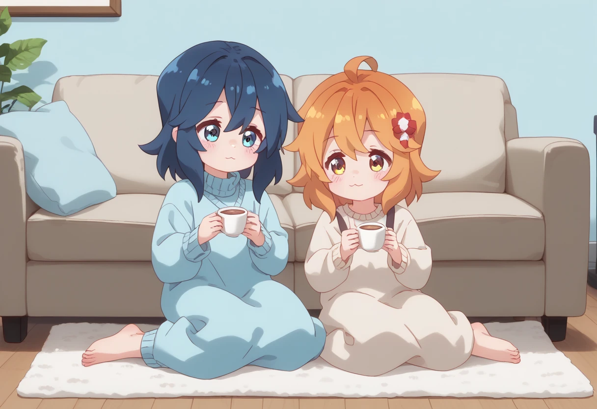  cozy room , soft plush sofa ,  fluffy carpet on the floor ,  dim light .  Two girls are sitting next to each other on the sofa .  Cute sleepy domestic Friren in a warm woolen sweater with a cup of cocoa in his hands and Senko in a knitted fluffy long dress with a bowl of tea in hand.  The atmosphere of comfort and tranquility .