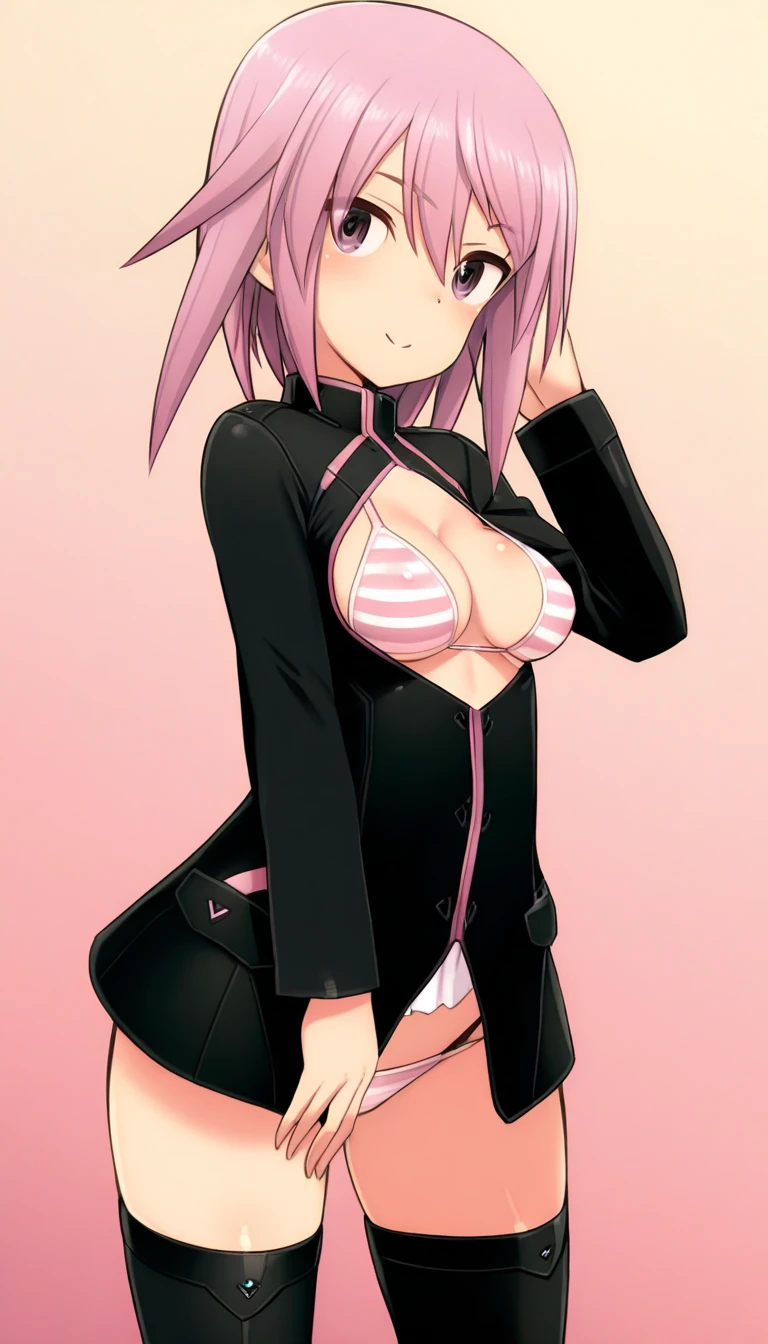 Clothing: Virgin Killer Sweater, enhance boobs so we can have side boob
Body type: Slim
Pose: standing maybe leaning forward/side a little sexy
Background: Fully black background and a subtle purple glow behind the character.