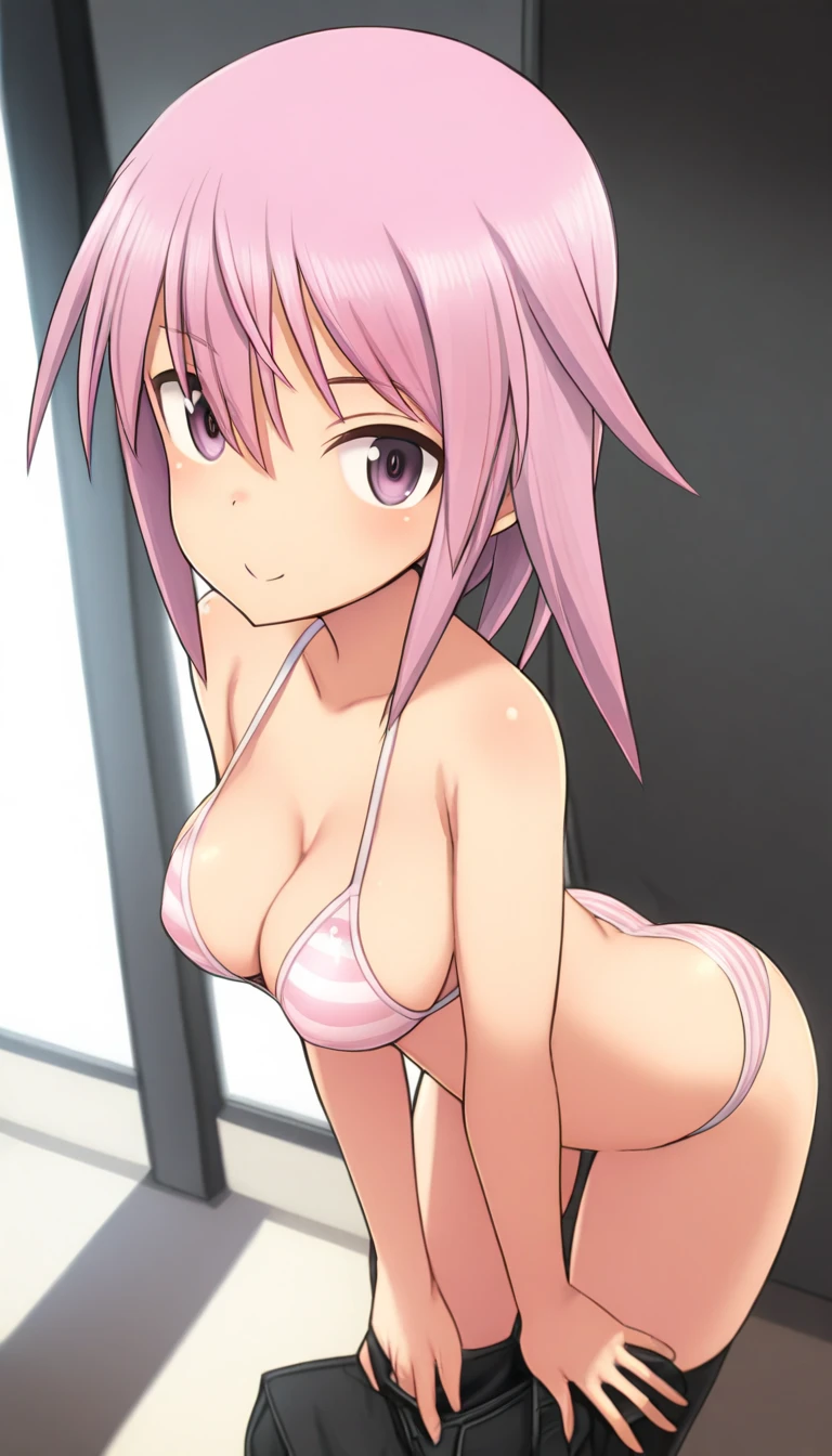 masterpiece:1.5, high quality, sweat, blush, smile, closed mouth,  looking at viewer, sitting, knees up, on bed, spread legs, (leaning back), arms behind back, wide-eyed, upper body, from below,  madoka, topless, nipples, white panties,  pussy juice, collarbone, two side up, short twintails, pink hair, ((flat chest, slender)), lanky, Skinny body,  body, Slim Body, Slim waist, Slim legs, Slim hips, bare knuckle, pussy juice