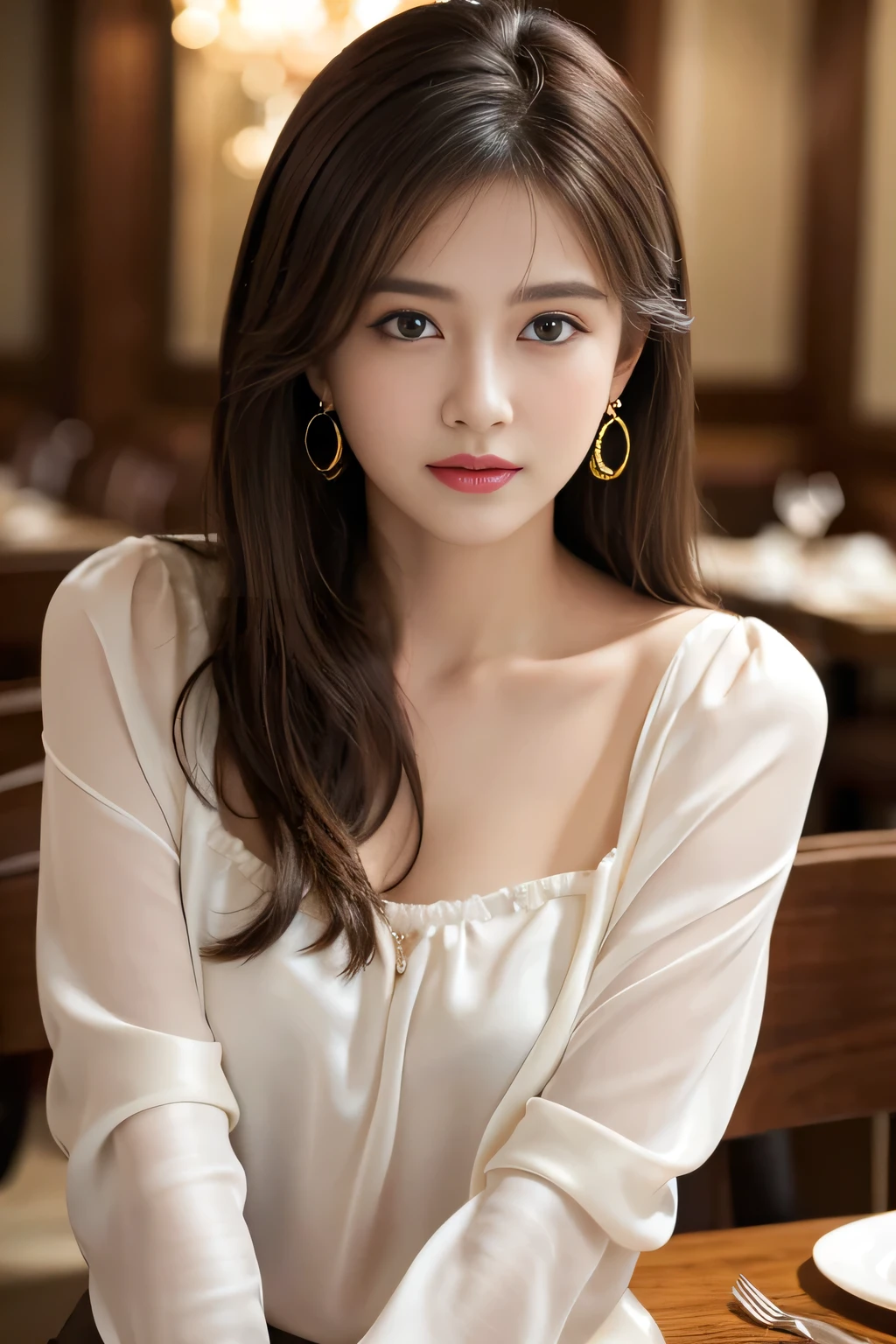 masterpiece, highest quality, Realistic, Very detailed, Finer details, High resolution, 8k wallpaper, One beautiful woman, Wear a navy blue see-through shirt, Great bar restaurant, At night, Light brown messy hair, Perfect dynamic composition, Beautiful and beautiful eyes、Big earrings