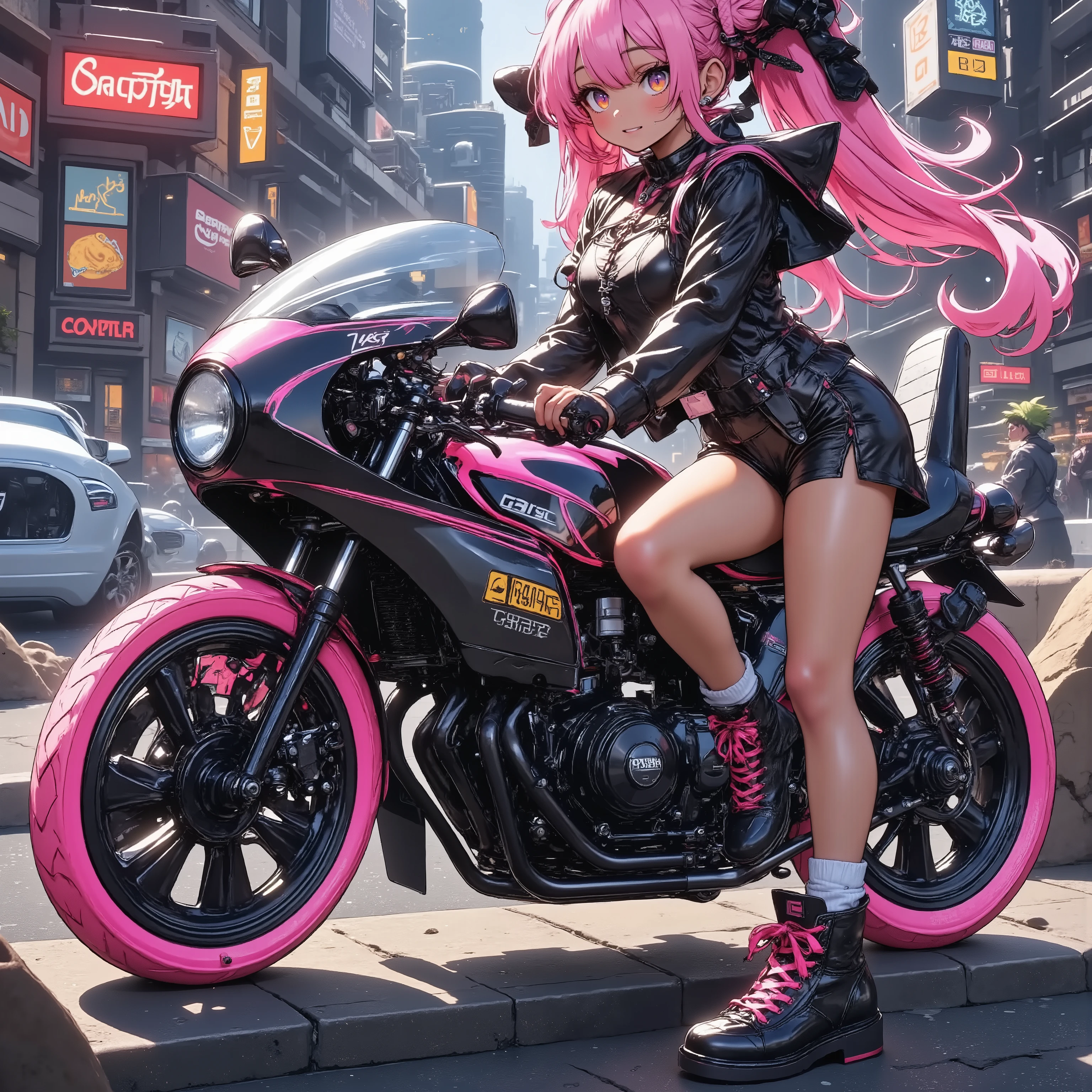 A girl standing next to a motorcycle　+ night neon city +Cyberpunk city