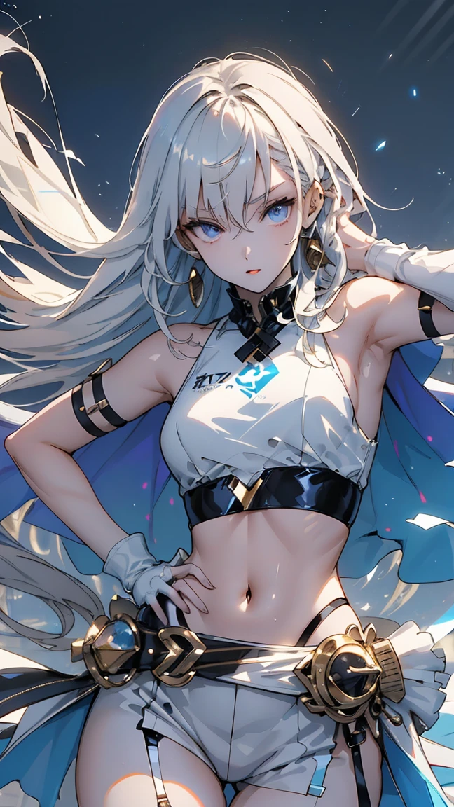 young girl, Long white hair, Cat's ears, Heterochromia, Yellow left and blue right eyes, tight turquoise top, Sleeveless, Shorts, open belly, White patterns on clothes, smirk, Daggers, Masterpiece, hiquality