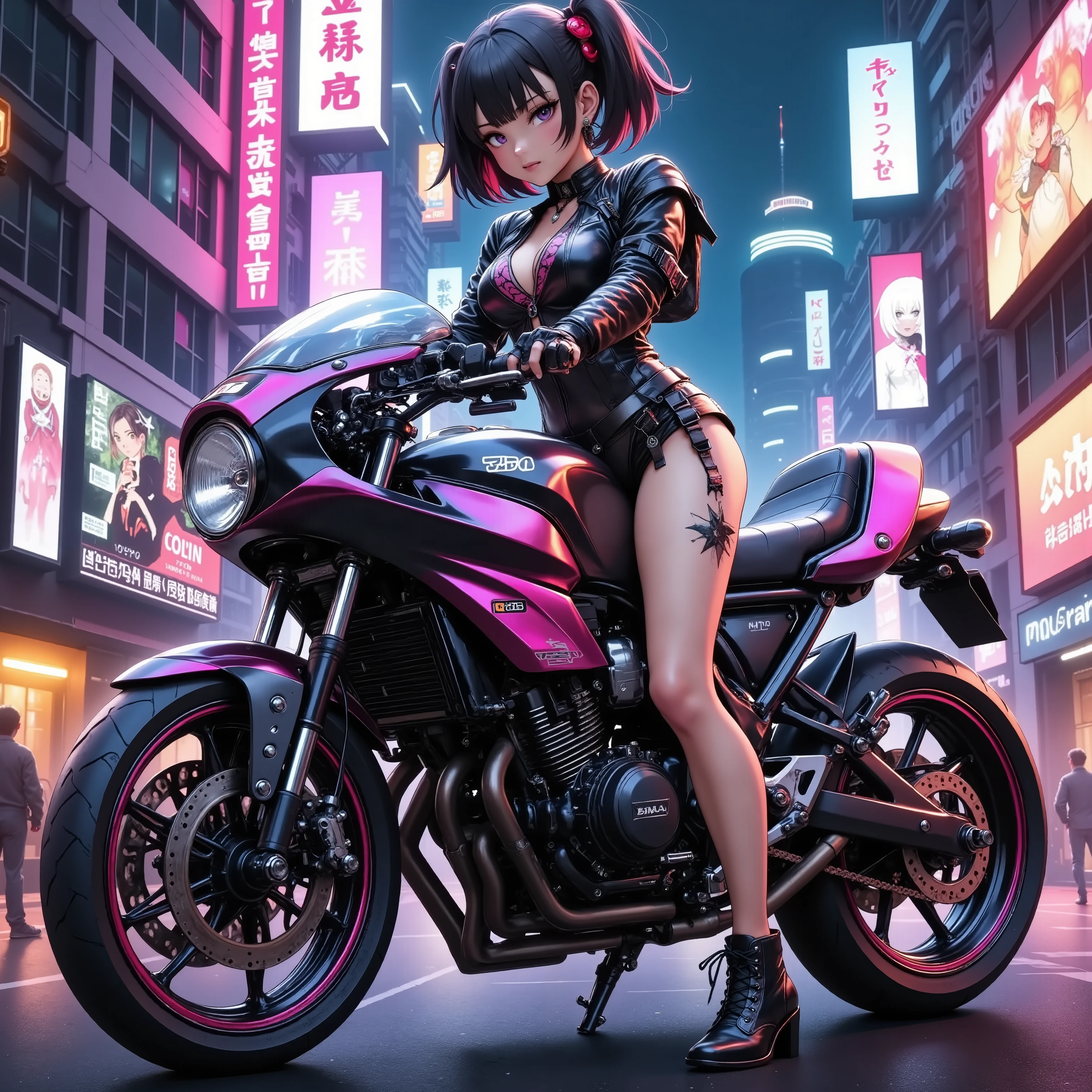 A girl standing next to a motorcycle　+ night neon city +Cyberpunk city