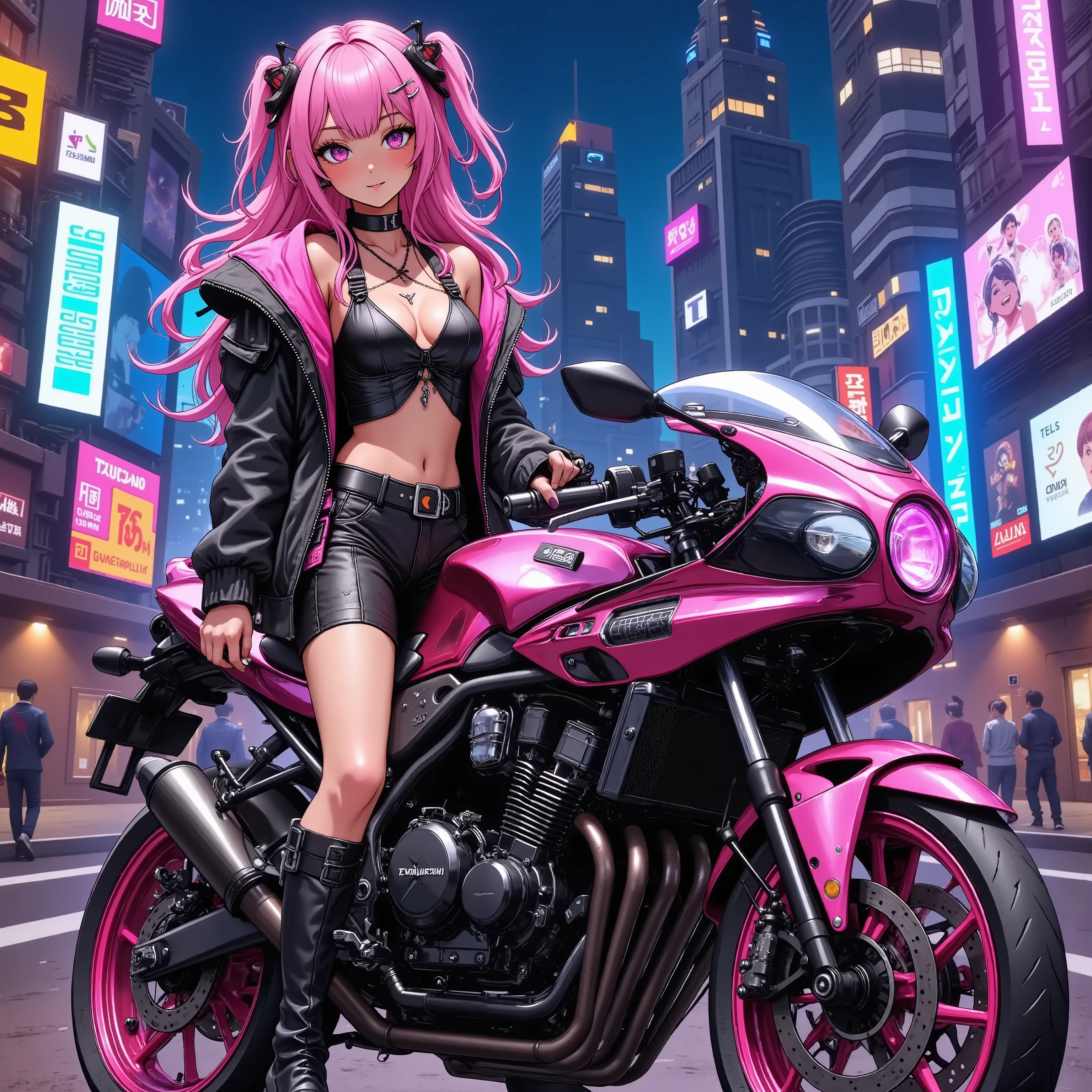 A girl standing next to a motorcycle　+ night neon city +Cyberpunk city