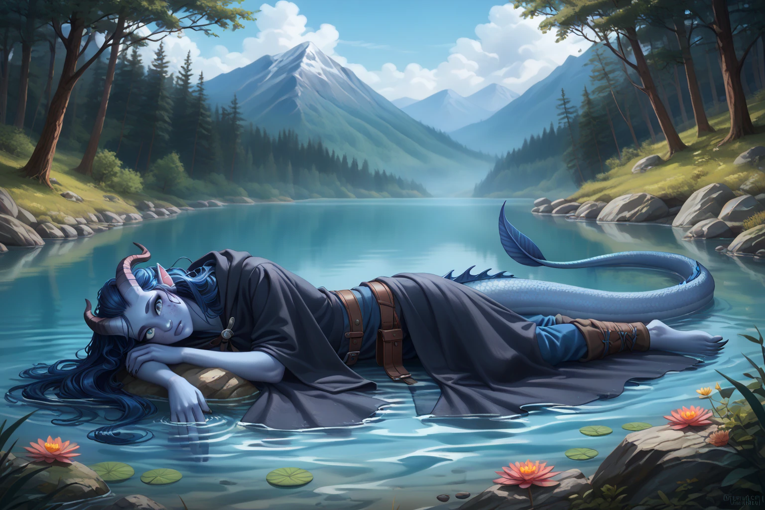 (cedar ), (1Тiefling ,  dark blue-gray skin :1.5), (lying on the shore near the water :1.5), ( very thick long tiefling dragon tail :1.5), ( long black flowing hair with dark blue tips:1.4), ( the bright blue-black pigmentation on the face :1.5), (blue-black freckles :1.2) , ( small barely noticeable fins on the head:1.4), ( bright blue-grey pupils,  Black eyes :1.4), ( blue-black pigmentation on the skin :1.5), ( dark grey straight short horns ), ( blue and black pigmentation on the tail :1.5), (kind face), (curiosity ), (35 years old:1.5), ( Adult girl:1.3) , (Deep look:1.2), (cloak:1.2), (you can see pigmentation on his shoulder ), (chainmail), (tail protection), (the fur on the pants ), (tail behind ), ( top quality ), ( masterpiece fails), ( is a large forest lake with calm waters), ( reflections of clouds and trees in the water), (koi carps fish in water :1.2), ( highest detail), [ against the background of a deep thorny forest ,  prickly impassable black trees , a mountain cliff , water], ( against the background of a thicket ), [ against the background of a mountain stream ],  fantasy background, blue tones, Dark tones, dark shades,  muted colors. 
