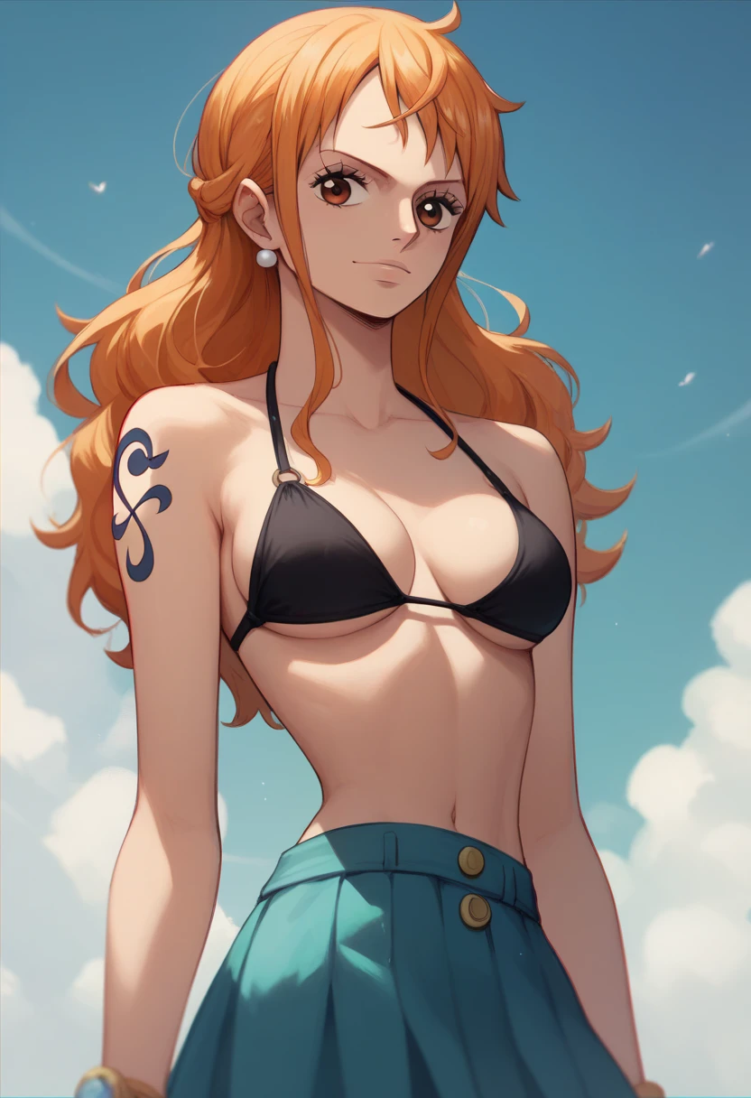 best quality, masterpiece, over the sea,1girl abs, orange hair, blue bikini, muscular, tattoo on shoulder