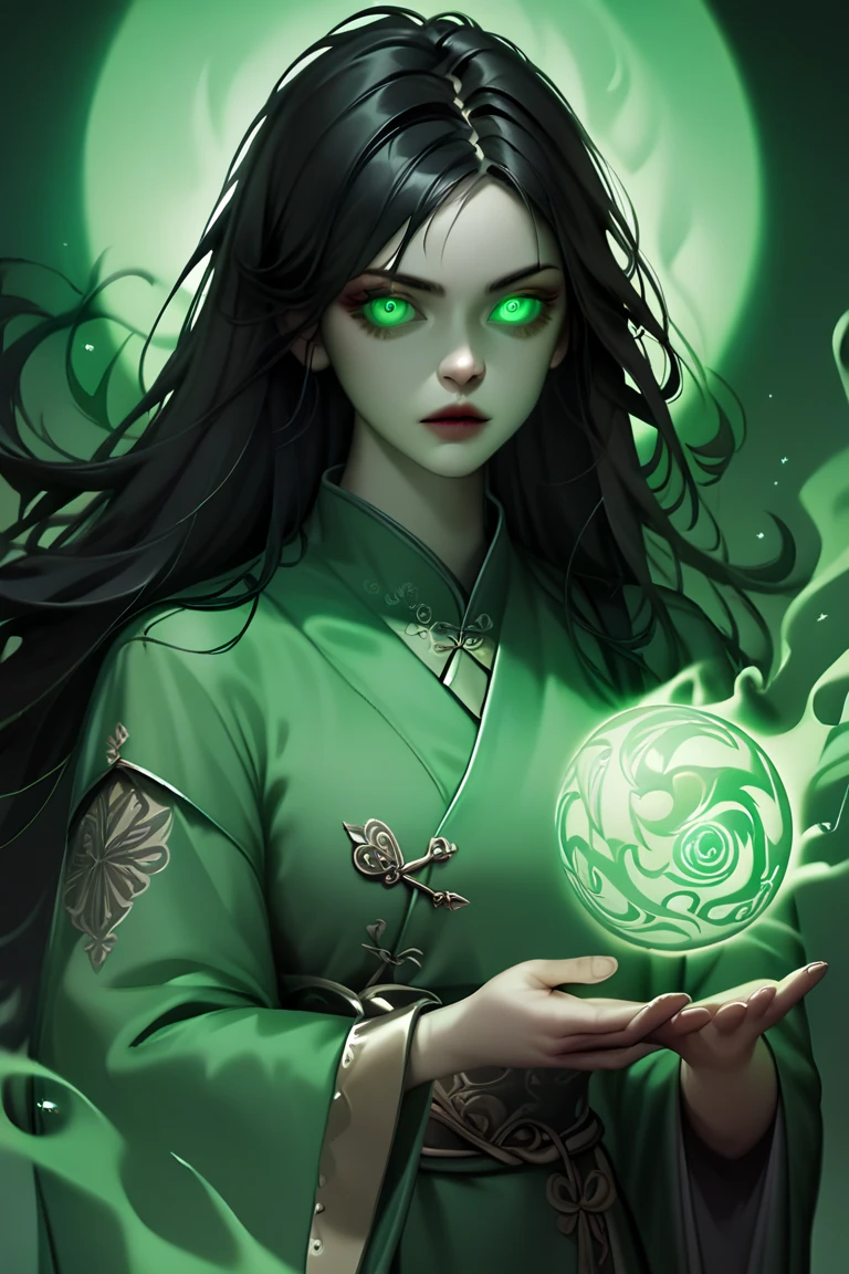 ((sketch)), chinese robe, medieval, 1girl, black hair, evil, long hair, glowing eyes, detailed eyes, green theme, life energy, holding life energy, floating wisps, aura