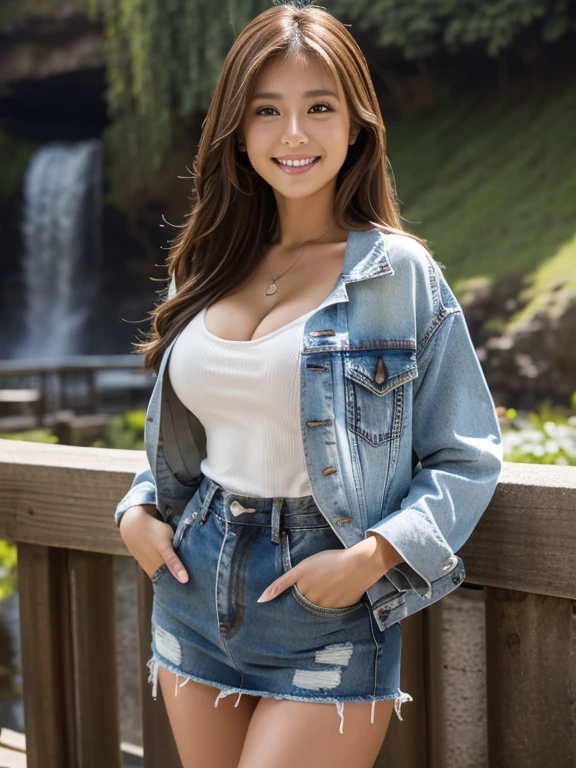 Highest quality, masterpiece, Ultra-high resolution, (Realistic:1.4), Beautiful woman, Clear grey V-neck shirt, G-string, Cleavage, ((Denim jacket)), Center of chest, Tight waist, Glowing Skin, 魅惑的なsmile, Bokeh, smile, pubic hair, thick pubic hair, long pubic hair, Denim mini skirt, Brown Hair、Waterfall on the background of the canyon、
