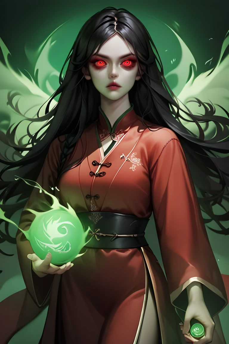 ((sketch)), chinese robe, red robe, medieval, 1girl, black hair, evil, long hair, evil eyes, detailed eyes, green theme, life energy, holding life energy, floating wisps, aura