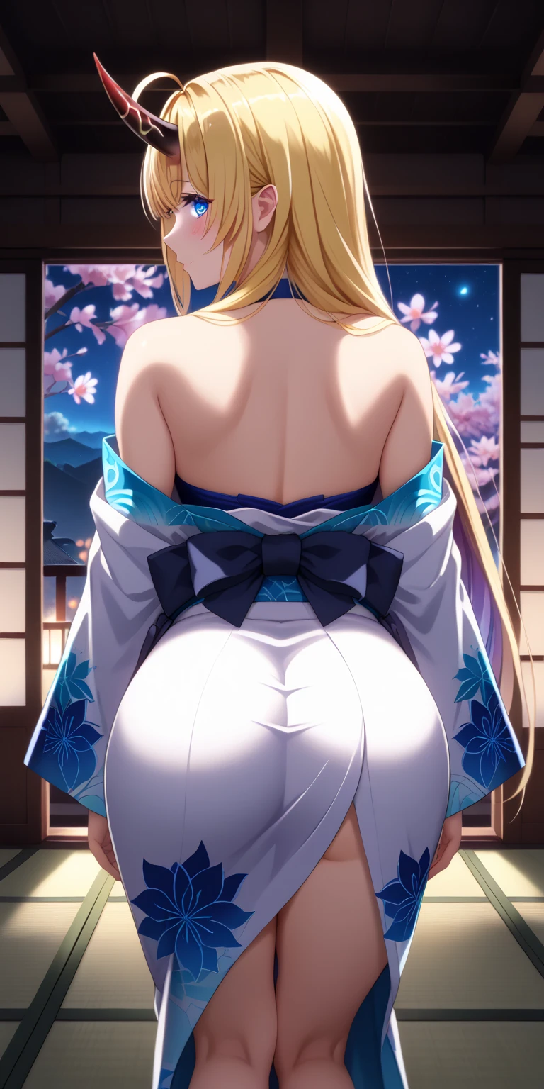 score_9,score_8_up,score_7_up, masterpiece, 1girl, solo, source_anime, scenery, (mature woman:1.3), (wide thighs), (wide hips), (detailed eyes), (high definition eyes), (high gradient eyes), (eyesHD), (best quality:1.4), a close up of a woman with colorful hair, anime girl with cosmic hair, rossdraws pastel vibrant, artwork in the style of guweiz, fantasy art style, colorful, vibrant fantasy style, cosmic and colorful, guweiz, colorfull digital fantasy art, stunning art style, beautiful anime style, shiny, shiny skin, (beautiful female), beautiful face, clear face, Shiny hair, (yellow hair), (very long hair), (blue eyes:1.2), concept art, professional anime, (big eyes:1.2), (big breasts:0.8), sidelocks, ahoge, oni horns, standing, (view from behind), (back view), ass, Tatami Room, ambience, serene, night, candlelight, source_anime, rating_questionable, rating_explicit, bent over, seductive, sexy pose, (loose kimono), white kimono, decorative flower pattern, bare shoulders, strapless, cleavage, exposed thighs, legs, blush,