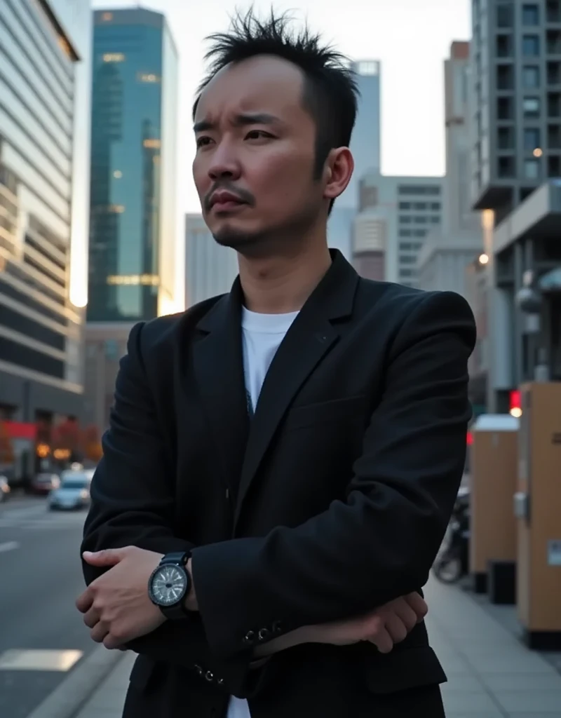 Male Model, suit,  skyscrapers, modern, Chic style,  soft focus,  cool expression,  business,  Dusk Light 