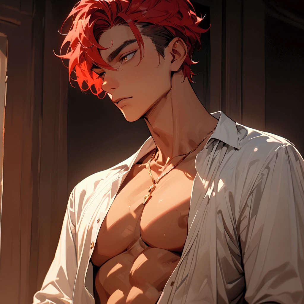 masterpiece, newest, absurdres, safe, high detailed, masterpiece. high detailed, male, relaxed, Male, Handsome male, upperbody, handsome, short hair, Crimson Red hair, golden eyes, Handsome, White Pirate Shirt, White shirt, tanned, caramel skin, male, tanned skin. Solo male, solo. Open chest, exposed chest, large cleavage, simple clothing, simple wear.