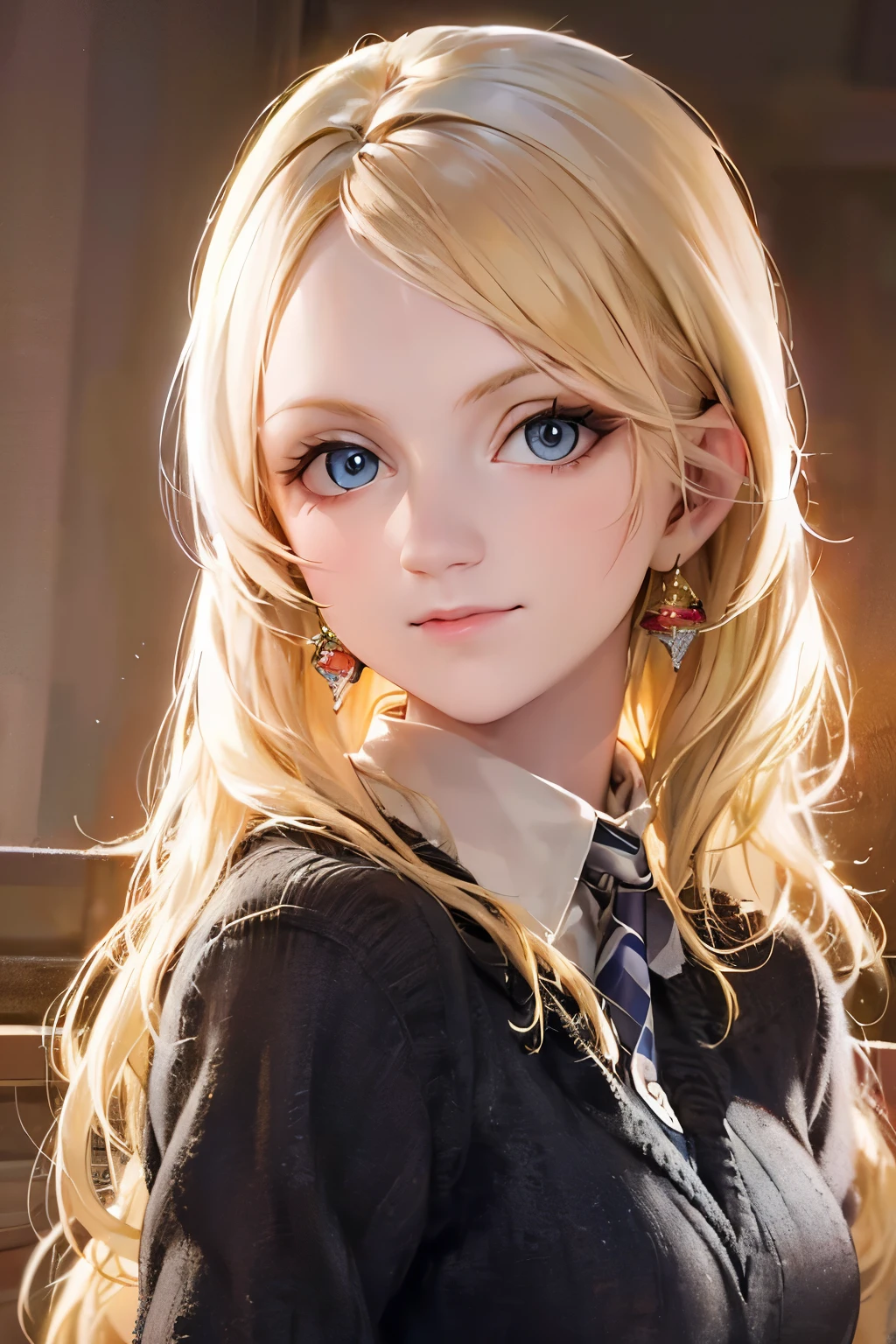 A beautiful young girl with long blonde hair, dreamy blue eyes, and a whimsical expression, 1girl, extremely detailed eyes and face, longeyelashes, delicate facial features, Luna Lovegood, magical fantasy, portrait, cinematic lighting, ethereal, radiant skin, intricate details, soft color palette, glowing aura, impressionistic, (best quality,4k,8k,highres,masterpiece:1.2),ultra-detailed,(realistic,photorealistic,photo-realistic:1.37)