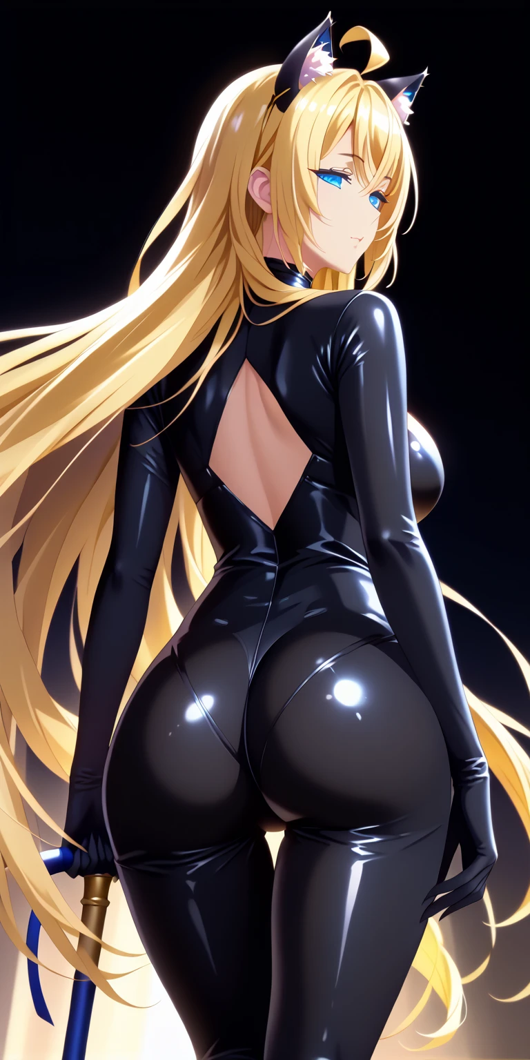 score_9,score_8_up,score_7_up, masterpiece, 1girl, solo, source_anime, scenery, (mature woman:1.3), (wide thighs), (wide hips), (detailed eyes), (high definition eyes), (high gradient eyes), (eyesHD), (best quality:1.4), a close up of a woman with colorful hair, anime girl with cosmic hair, rossdraws pastel vibrant, artwork in the style of guweiz, fantasy art style, colorful, vibrant fantasy style, cosmic and colorful, guweiz, colorfull digital fantasy art, stunning art style, beautiful anime style, shiny, shiny skin, (beautiful female), beautiful face, clear face, Shiny hair, (yellow hair), (very long hair), (blue eyes:1.2), concept art, professional anime, (big eyes:1.2), (big breasts:0.8), sidelocks, ahoge, oni horns, standing, (view from behind), (back view), ass, (beautiful female), beautiful face, (Cat mouth:1.2), clear face, (black cat bodysuit:1.4), (half closed eyes), (Beautiful composition pure white room background:1.3), Tall, cat ears accessories, Shiny hair, Shiny skin