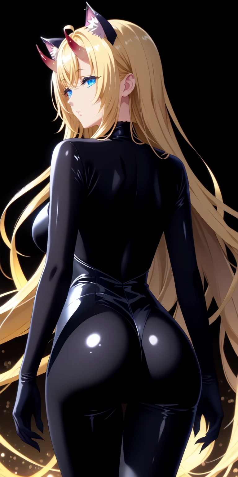 score_9,score_8_up,score_7_up, masterpiece, 1girl, solo, source_anime, scenery, (mature woman:1.3), (wide thighs), (wide hips), (detailed eyes), (high definition eyes), (high gradient eyes), (eyesHD), (best quality:1.4), a close up of a woman with colorful hair, anime girl with cosmic hair, rossdraws pastel vibrant, artwork in the style of guweiz, fantasy art style, colorful, vibrant fantasy style, cosmic and colorful, guweiz, colorfull digital fantasy art, stunning art style, beautiful anime style, shiny, shiny skin, (beautiful female), beautiful face, clear face, Shiny hair, (yellow hair), (very long hair), (blue eyes:1.2), concept art, professional anime, (big eyes:1.2), (big breasts:0.8), sidelocks, ahoge, oni horns, standing, (view from behind), (back view), ass, (beautiful female), beautiful face, (Cat mouth:1.2), clear face, (black cat bodysuit:1.4), (half closed eyes), (Beautiful composition pure white room background:1.3), Tall, cat ears accessories, Shiny hair, Shiny skin