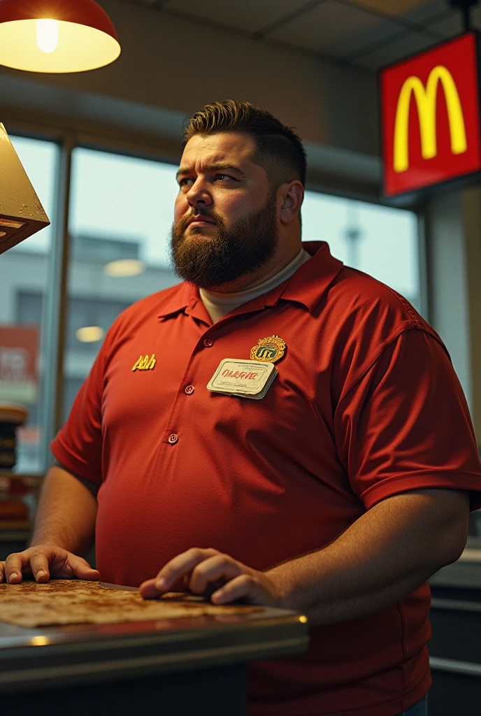 Fat man in a suit holding a cheeseburger, In the office district, colorful, Realistic，Drinking a burger through a straw，In pants