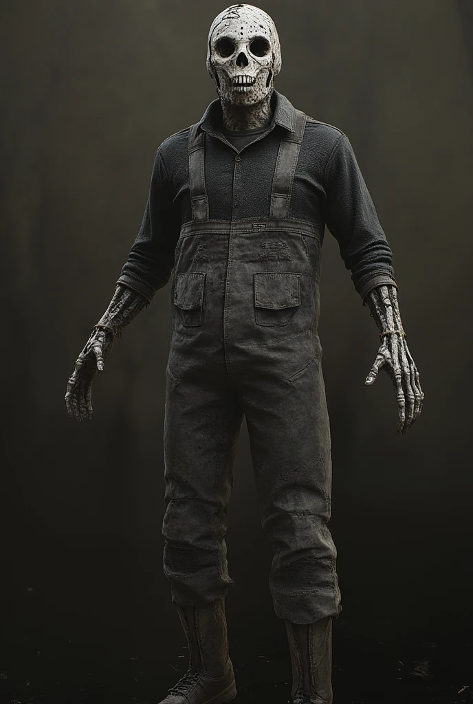 The Trapper  From the game Dead by daylight wearing Hip Waders   His face is covered with a bone mask with small eye openings and a sharp-toothed grin fashioned on the front. cracked and resemble a human face mask high quality amazing detail realistic 3D real character style extremely detailed background entity's world 