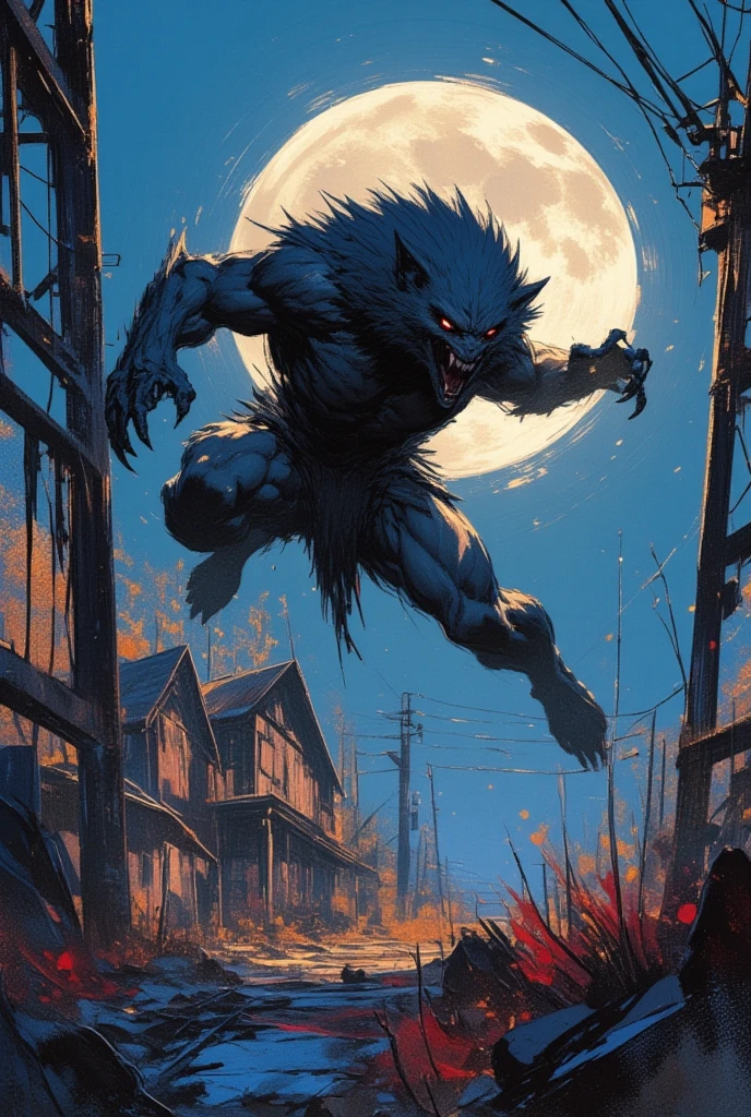 A werewolf, gray fur, wearing green pants, attack pose, open claws, glowing yellowish eyes, open mouth with sharp teeth, scenery of a gloomy city, at night, with fog, the moon in the sky, anime style, comics, super detailed, unreal engine 5.