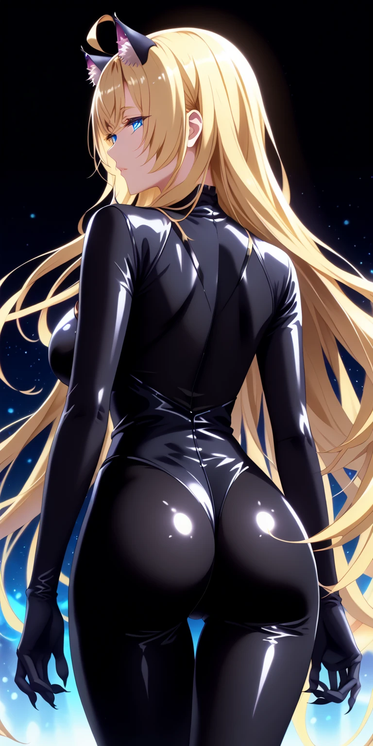 score_9,score_8_up,score_7_up, masterpiece, 1girl, solo, source_anime, scenery, (mature woman:1.3), (wide thighs), (wide hips), (detailed eyes), (high definition eyes), (high gradient eyes), (eyesHD), (best quality:1.4), a close up of a woman with colorful hair, anime girl with cosmic hair, rossdraws pastel vibrant, artwork in the style of guweiz, fantasy art style, colorful, vibrant fantasy style, cosmic and colorful, guweiz, colorfull digital fantasy art, stunning art style, beautiful anime style, shiny, shiny skin, (beautiful female), beautiful face, clear face, Shiny hair, (yellow hair), (very long hair), (blue eyes:1.2), concept art, professional anime, (big eyes:1.2), (big breasts:0.8), sidelocks, ahoge, oni horns, standing, (view from behind), (back view), ass, (beautiful female), beautiful face, (Cat mouth:1.2), clear face, (black cat bodysuit:1.4), (half closed eyes), (Beautiful composition pure white room background:1.3), Tall, cat ears accessories, Shiny hair, Shiny skin