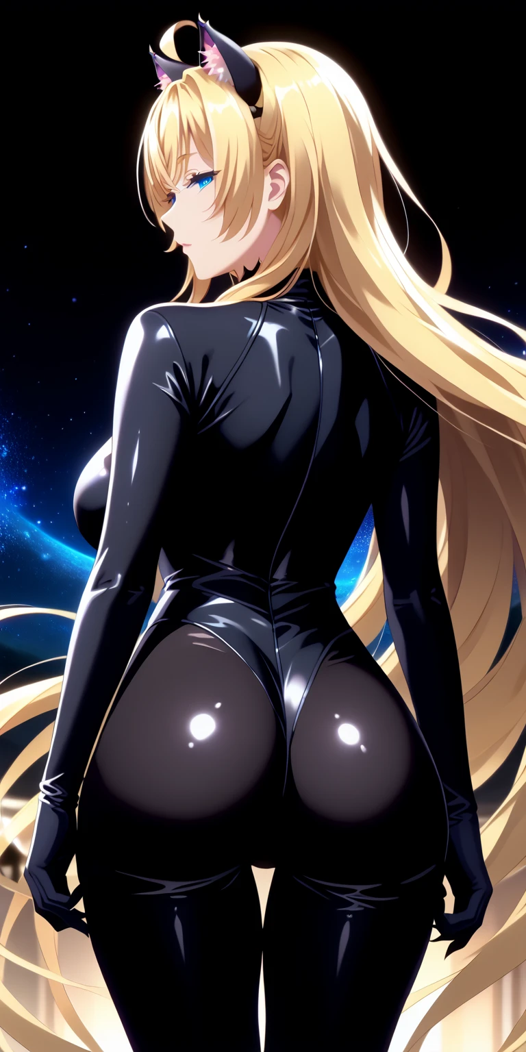 score_9,score_8_up,score_7_up, masterpiece, 1girl, solo, source_anime, scenery, (mature woman:1.3), (wide thighs), (wide hips), (detailed eyes), (high definition eyes), (high gradient eyes), (eyesHD), (best quality:1.4), a close up of a woman with colorful hair, anime girl with cosmic hair, rossdraws pastel vibrant, artwork in the style of guweiz, fantasy art style, colorful, vibrant fantasy style, cosmic and colorful, guweiz, colorfull digital fantasy art, stunning art style, beautiful anime style, shiny, shiny skin, (beautiful female), beautiful face, clear face, Shiny hair, (yellow hair), (very long hair), (blue eyes:1.2), concept art, professional anime, (big eyes:1.2), (big breasts:0.8), sidelocks, ahoge, oni horns, standing, (view from behind), (back view), ass, (beautiful female), beautiful face, (Cat mouth:1.2), clear face, (black cat bodysuit:1.4), (half closed eyes), (Beautiful composition pure white room background:1.3), Tall, cat ears accessories, Shiny hair, Shiny skin