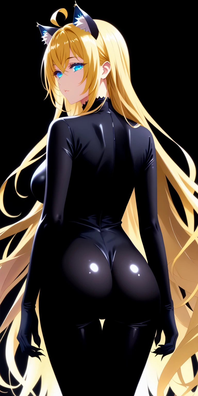 score_9,score_8_up,score_7_up, masterpiece, 1girl, solo, source_anime, scenery, (mature woman:1.3), (wide thighs), (wide hips), (detailed eyes), (high definition eyes), (high gradient eyes), (eyesHD), (best quality:1.4), a close up of a woman with colorful hair, anime girl with cosmic hair, rossdraws pastel vibrant, artwork in the style of guweiz, fantasy art style, colorful, vibrant fantasy style, cosmic and colorful, guweiz, colorfull digital fantasy art, stunning art style, beautiful anime style, shiny, shiny skin, (beautiful female), beautiful face, clear face, Shiny hair, (yellow hair), (very long hair), (blue eyes:1.2), concept art, professional anime, (big eyes:1.2), (big breasts:0.8), sidelocks, ahoge, oni horns, standing, (view from behind), (back view), ass, (beautiful female), beautiful face, (Cat mouth:1.2), clear face, (black cat bodysuit:1.4), (half closed eyes), (Beautiful composition pure white room background:1.3), Tall, cat ears accessories, Shiny hair, Shiny skin