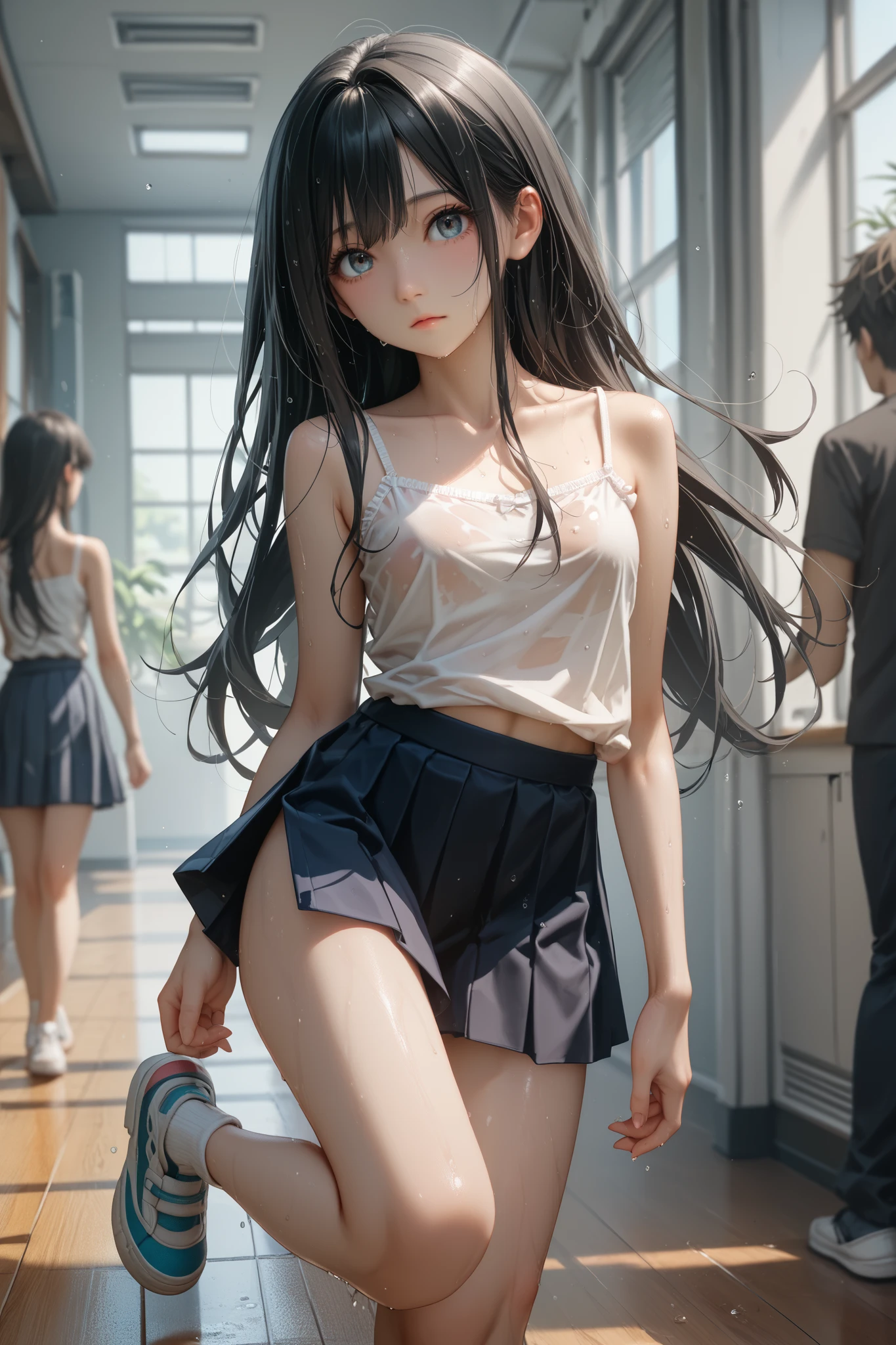 ((masterpiece,Highest quality:1.3,best illustration,realistic)),1woman、solo,20 year old Japanese beauty,((very small head:1.3)),center parted bangs,forehead,black hair,long hair,black eyes,gorgeous eyes,blush,shy,medium breasts,((very long body:1.3)),((toned body,slender body,skinny)),gleaming skin,shiny skin,oily skin,sweat,(white long sleeve t-shirt、Grey plaid pleated mini skirt),on street,Tokyo、