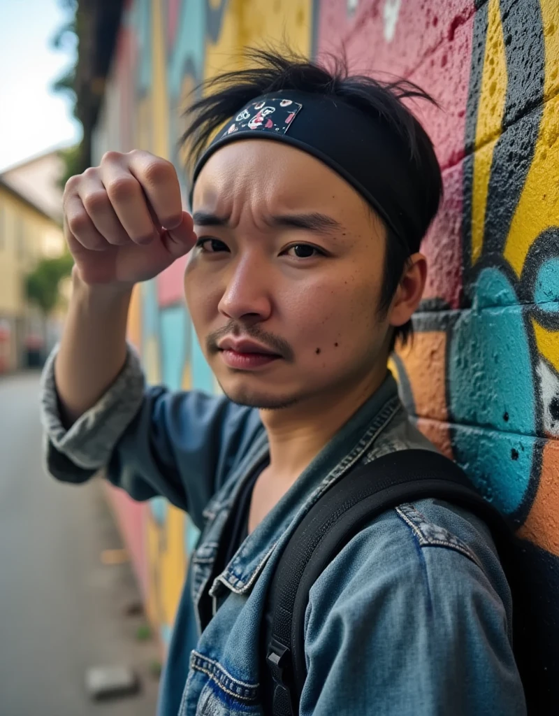 Male Model,  hand in own hair , graffiti wall,  cool pose,  cap, Backpack, In the sunshine,  casual, like々Shii