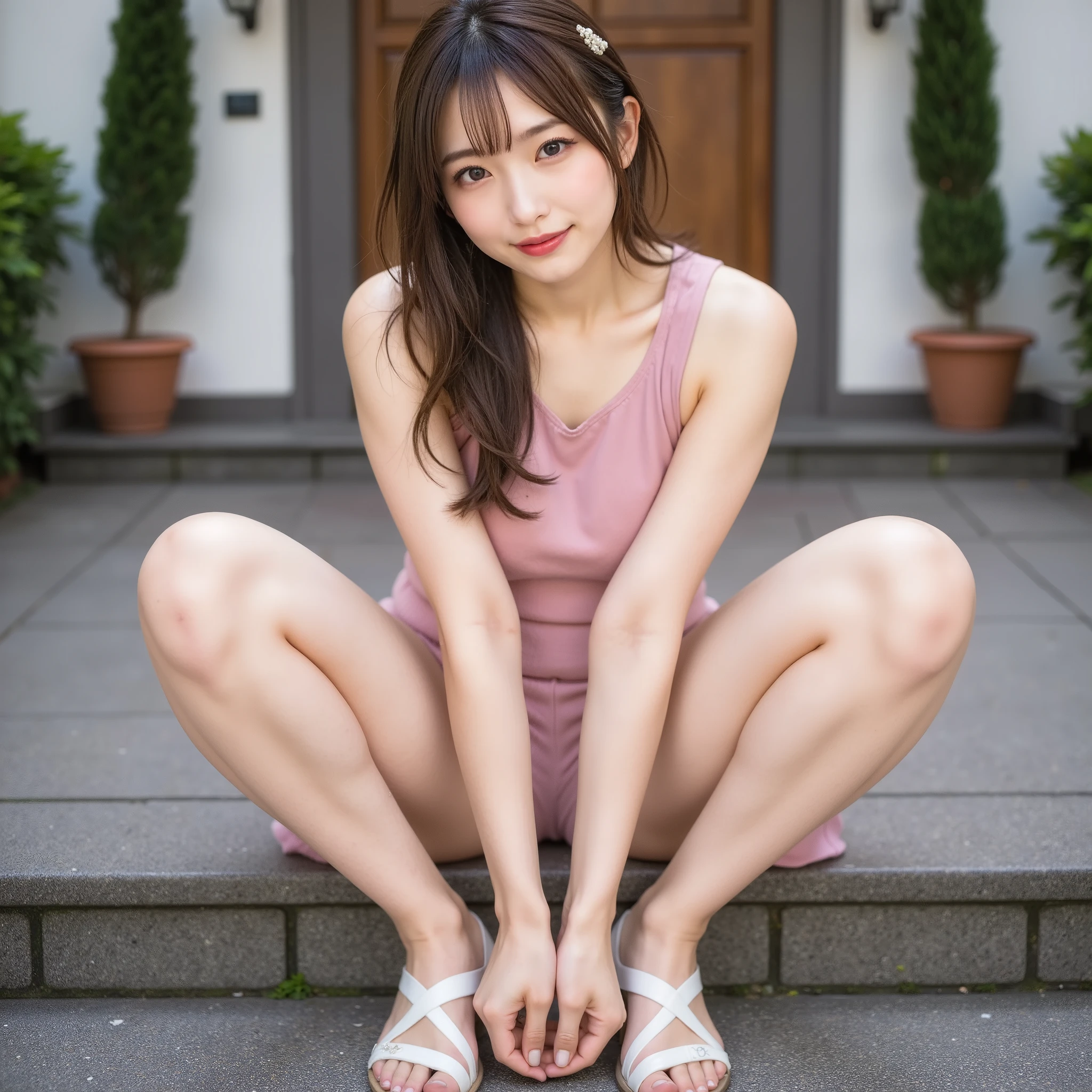 (8k、foto cruda、of the highest quality、Obra maestra:1.2)、(realista、Photoreal)、1 chica、(Puedo ver tus pies、cola de caballo、pechos grandes、visto desde el frente、Stand with your legs apart with both eyelashes、Shine on your eyelids、Skeletally correct、Yemas de los dedos bellamente alineadas、sonrisa、De pie con las manos en las caderas、piscina