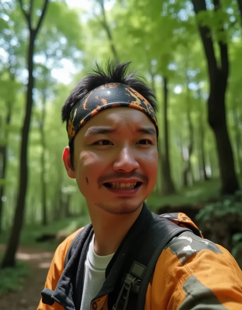 Male Model,  Green Forests , Climbing backpack,  TONE UP ,  natural light, smile, Healthy, Refresh, sense of exaltation