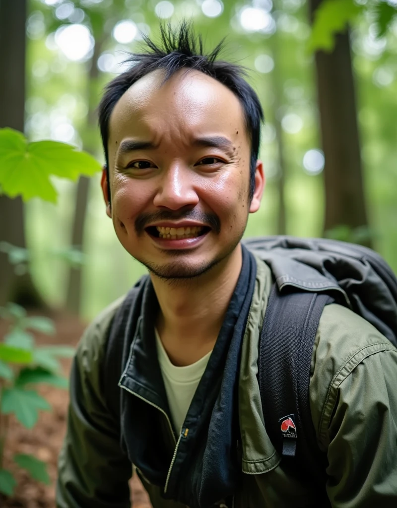 Male Model,  Green Forests , Climbing backpack,  TONE UP ,  natural light, smile, Healthy, Refresh, sense of exaltation