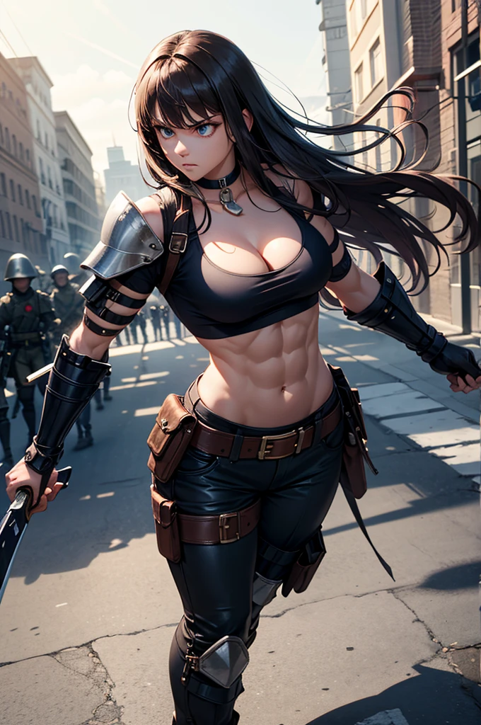 Black hair, green eyes, black skirt, stocking, nsfw, abs, androgynous, flat-chested, holding sword, medieval, chainmail