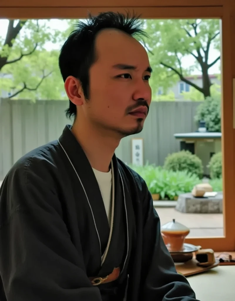 Male Model, Japanese clothing, garden,  tatami room ,  natural light,  gentle expression , Japanese Culture, antiquity, Interesting