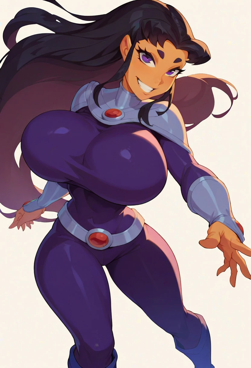 masterpiece,high quality,BlackFire Teen Titans, 1girl, solo, long hair,purple eyes, black hair, bodysuit, (huge juicy breasts:1.2), Whole body,belt,simple white background,looking at viewer,evil smile,boots