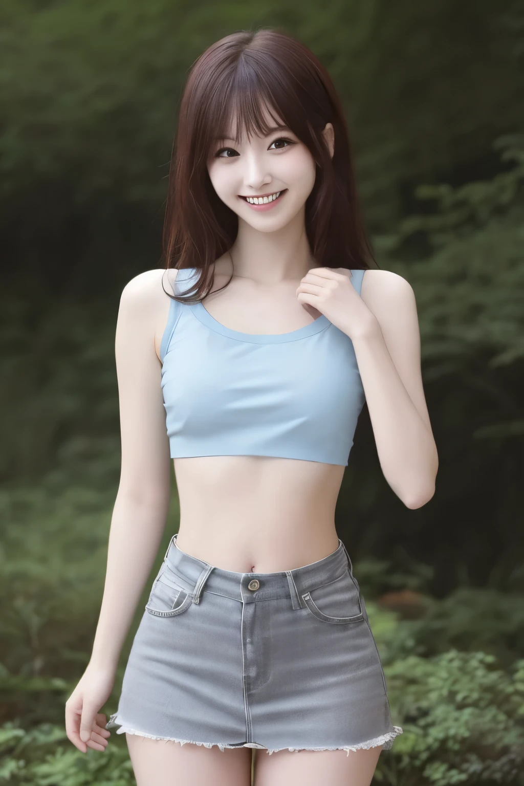 white色の大きな shirtと黒いミニスカートを着た日本人モデル、 slim girl pics, sexy cropped top under a shirt y shirtの下に着ている, slim girl pics model, low cut tank top , I'm wearing a light blue cropped top , whitey shirtを羽織っている、SheerY shirt、 in a black miniskirt 、 that shows the chest inside the clothes {x} 、 beautiful eyes with attention to detail 、 cute smile inside the Kyoden、 soft and gentle expression 、The background is a deep forest