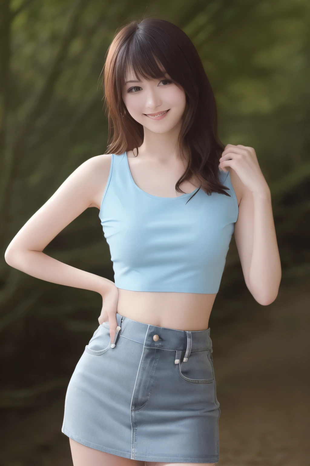 white色の大きな shirtと黒いミニスカートを着た日本人モデル、 slim girl pics, sexy cropped top under a shirt y shirtの下に着ている, slim girl pics model, low cut tank top , I'm wearing a light blue cropped top , whitey shirtを羽織っている、SheerY shirt、 in a black miniskirt 、 that shows the chest inside the clothes {x} 、 beautiful eyes with attention to detail 、 cute smile inside the Kyoden、 soft and gentle expression 、The background is a deep forest