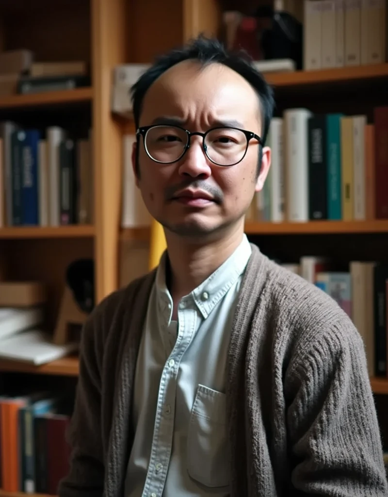 Male Model, Bookshelf, Glasses, shirt and cardigan ,  soft focus, Warm look, Calmness, Knowledgeable,  comfort 