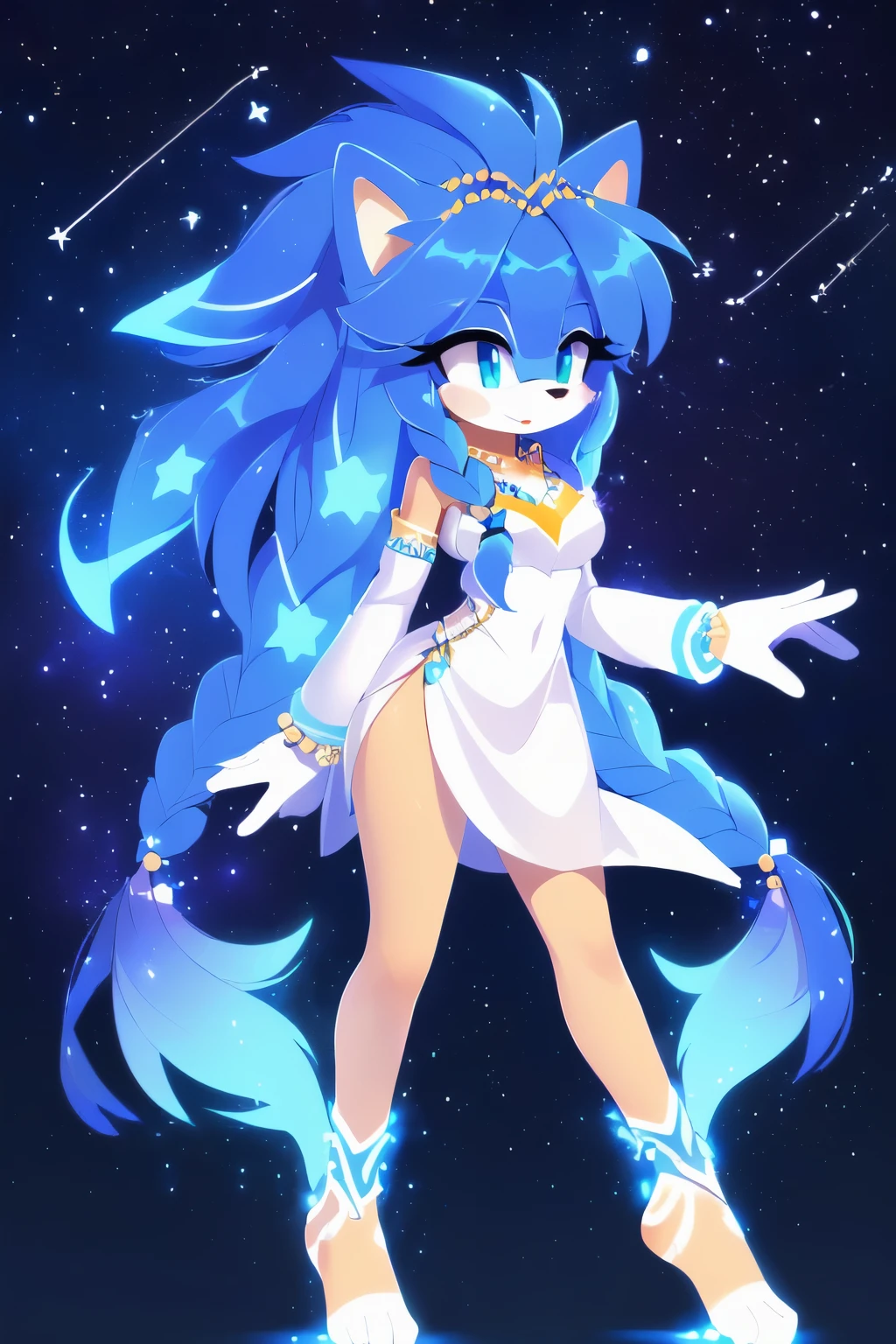 Sonic oc, Mobian, female, Cosmic hedgehog, A beautiful whitish furred hedgehog, white furred, blue eyes, very long hair/quills, braided and beaded long hair bangs, long streaks of hair on each side of her face, (star constellation on hair, beads on hair, smooth fur, slim thick hourglass body, slim fit, wearing a long white garment, star markings on the left cheek, beaded hair and decorated with rings, flowing hair, glowing marks on feet
