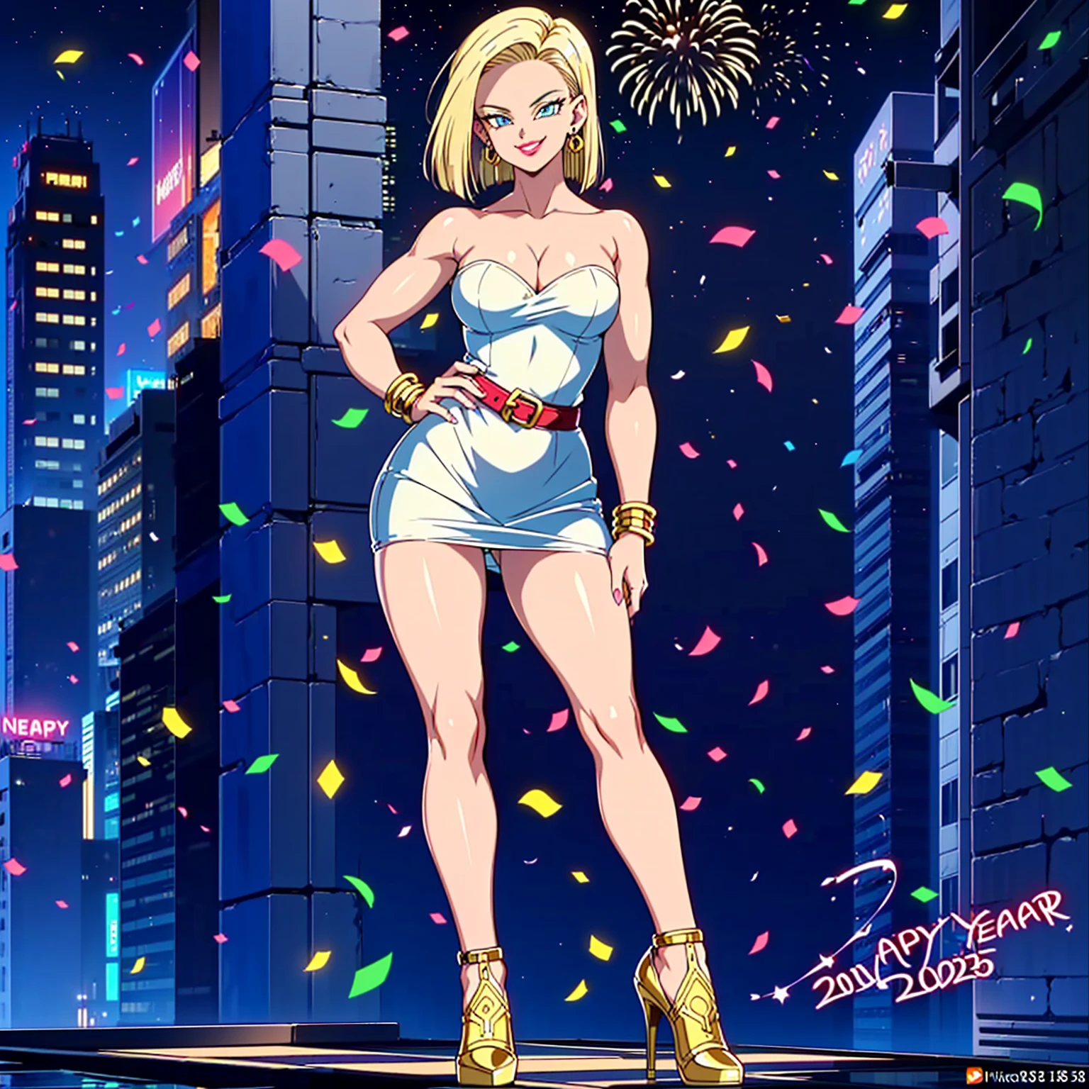 ((1girl, solo ,alone, (Android 18, 1girl, android 18, solo, blonde hair, short hair, blue eyes, earrings, jewelry), muscular female, gold bracelets, ruby earrings)), fitness, ((solo, (1woman, pink lipstick), Extremely detailed, ambient soft lighting, 4k, perfect eyes, a perfect face, perfect lighting, a 1girl)), ((fitness, , shapely body, athletic body, toned body)),((white dress, dress with gold embroidery, strapless dress, lace dress, high heels, silver, new year, new year's eve, fireworks, 2025, happy new year, happy 2025, new year's party, window, night, stars, , new year decoration, terrace, buildings, skyscraper, balcony, smug, party, confetti, smug, marble floor, red lipstick, cleavage, nickline))