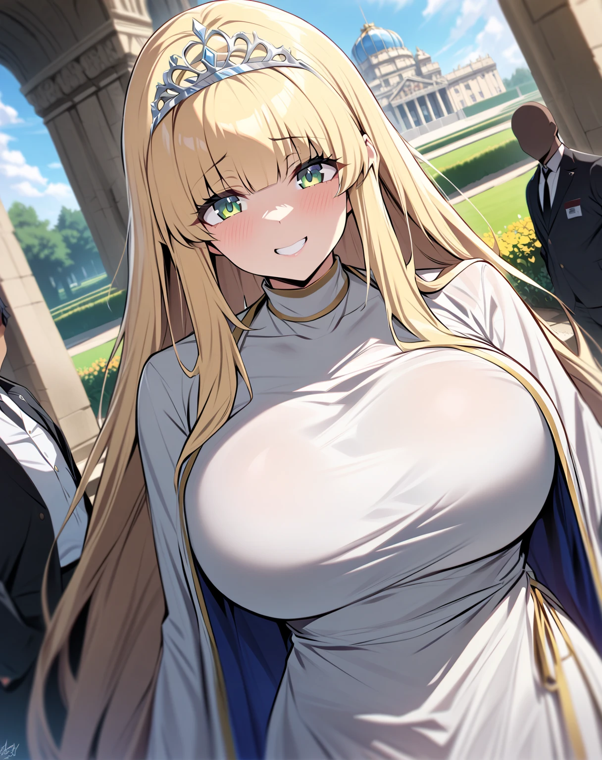 {{ upper body,  Dutch angle}} {{ artist: moisture_(Chichi)}}  female 1,  there are 2 security guards on each side holding her, 2 men in armor ,  Faceless Woman ,  mature woman,  elegant ,  princess,  big boobs,  straight hair, Blonde,  long hair, hime cut,  green eyes, white dress,  gold trim ,  tiara ,  Watching Viewers ,  grin ,  detained by 2 men ,  Faceless Man , Outdoors, garden, palace,