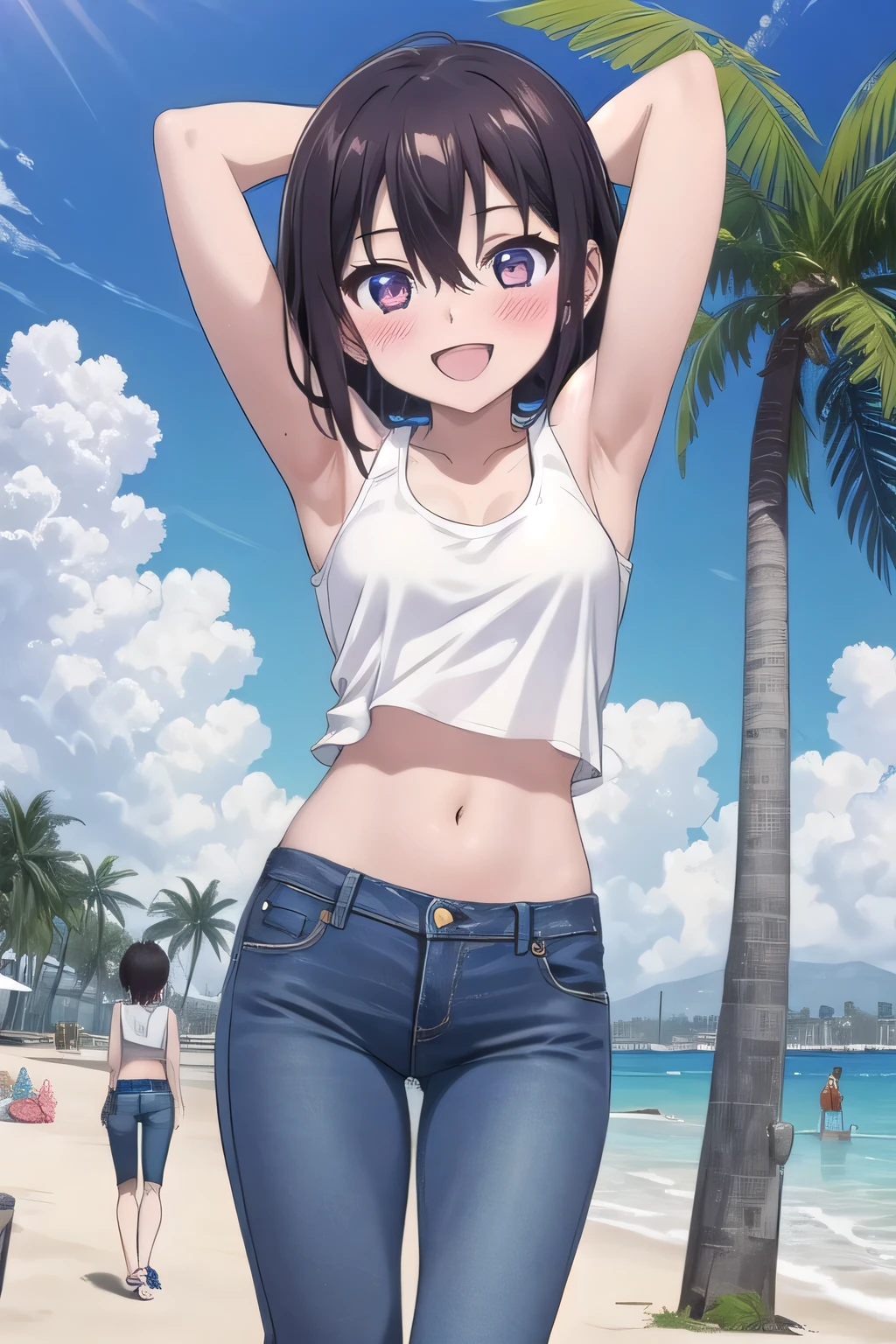 masterpiece,best quality,ultra detail, (Perfect Face, Perfect Arms, Perfect hands, Perfect Fingers), 1girl, 14yo, petite, ((round face, ecstasy, orgasm face, drooping eyes, shame smiling, blush)), dropping eyes, sleepy, background((under the beach, (day:1.2), palm tree, bright sky)), Himeragi Yukina, short hair, arms behind head, contrapposto, spread armpits, ((invisible hands, invisible fingers)), looking at viewer,, (white tank top:1.2), (white crop top:1.2), (jeans pants:1.2, flares jeans:1.2, skinny jeans:1.2, blue jeans:1.2), standing, (legs spread:1.2), sex pose, Sweaty crotch, Steam from the crotch, from below, full medium body