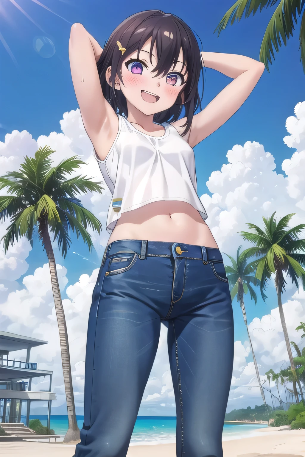 masterpiece,best quality,ultra detail, (Perfect Face, Perfect Arms, Perfect hands, Perfect Fingers), 1girl, , peti ((round face, ecstasy, orgasm face, drooping eyes, shame smiling, blush)), dropping eyes, sleepy, background((under the beach, (day:1.2), palm tree, bright sky)), Himeragi Yukina, short hair, arms behind head, contrapposto, spread armpits, ((invisible hands, invisible fingers)), looking at viewer,, (white tank top:1.2), (white crop top:1.2), (jeans pants:1.2, flares jeans:1.2, skinny jeans:1.2, blue jeans:1.2), standing, (legs spread:1.2), sex pose, Sweaty crotch, Steam from the crotch, from below, full medium body