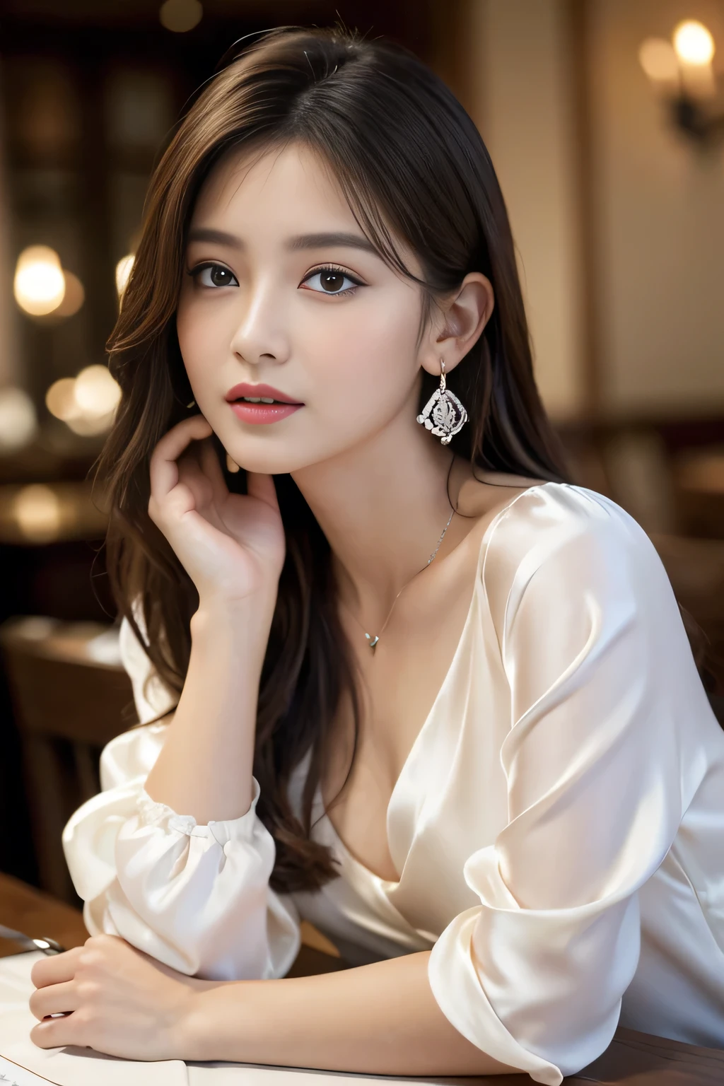masterpiece, highest quality, Realistic, Very detailed, Finer details, High resolution, 8k wallpaper, One beautiful woman, Wear a navy blue see-through shirt, In a great restaurant, At night, Light brown unkempt hair, Perfect dynamic composition, Beautiful and beautiful eyes、Big earrings、pendant、bracelet